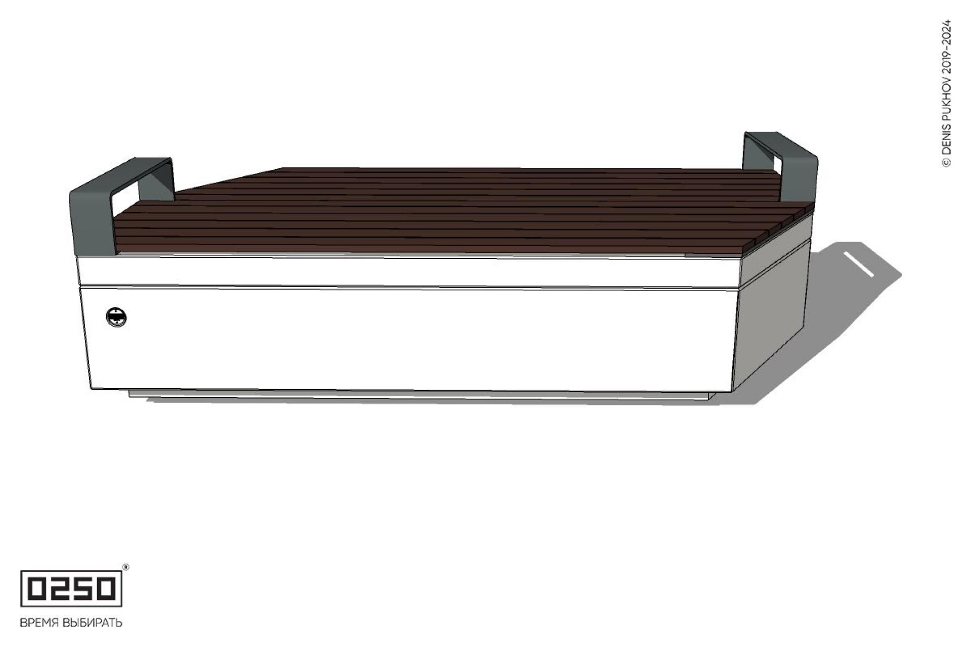 Уличная Двухсторонняя трапециевидная правая скамейка с подлокотниками на блоке производство 0250