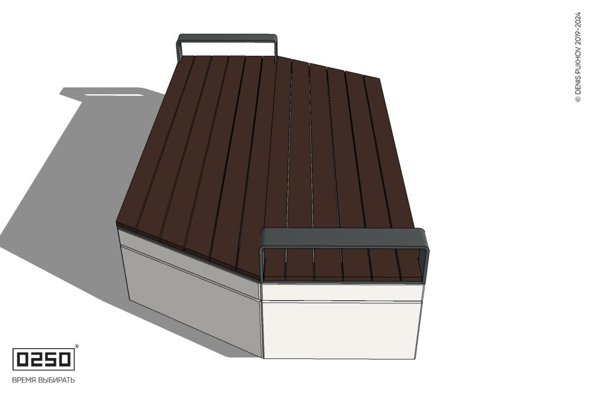 Уличная Двухсторонняя трапециевидная правая скамейка с подлокотниками на блоке производство 0250