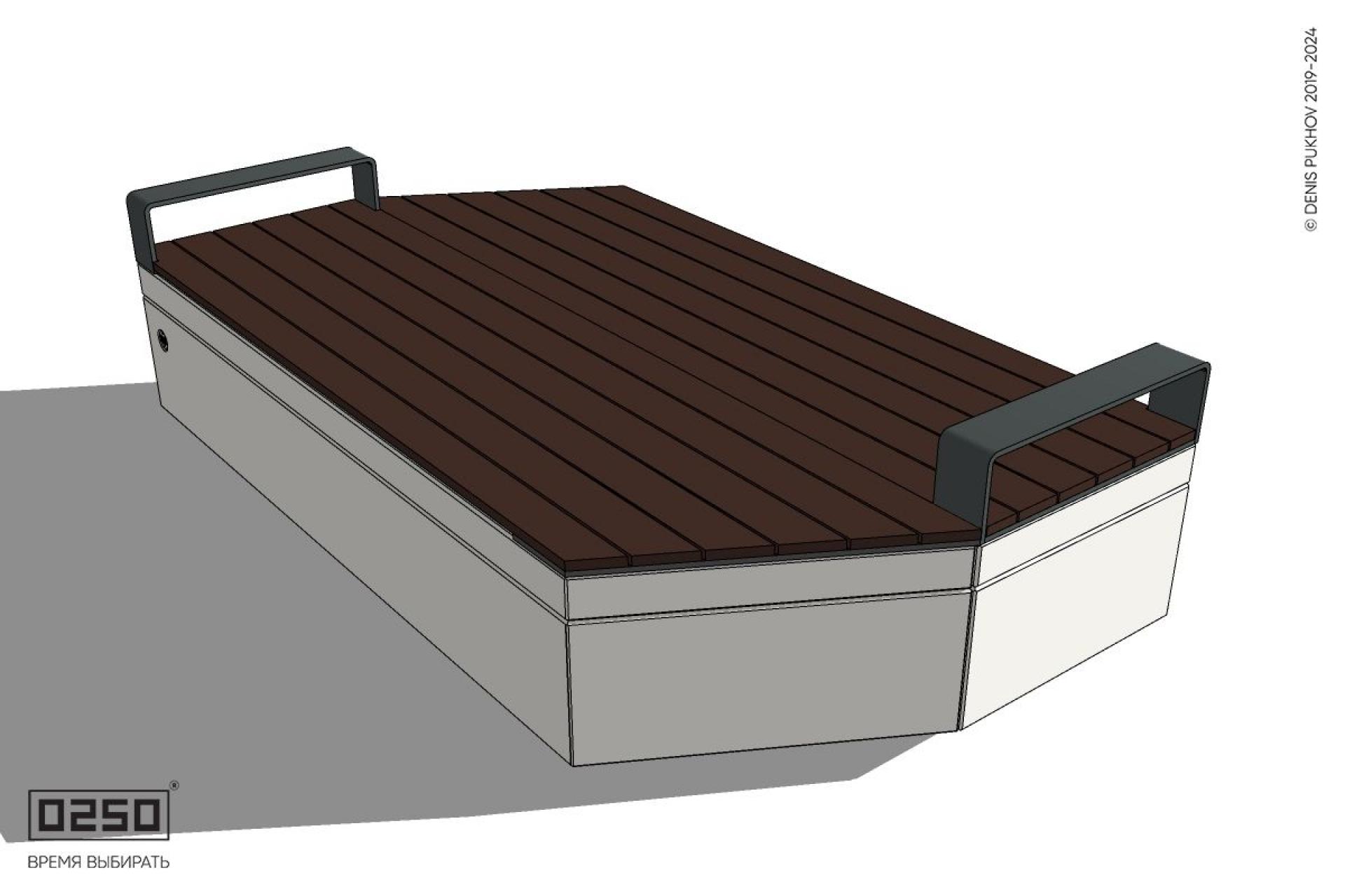 Уличная Двухсторонняя трапециевидная правая скамейка с подлокотниками на блоке производство 0250