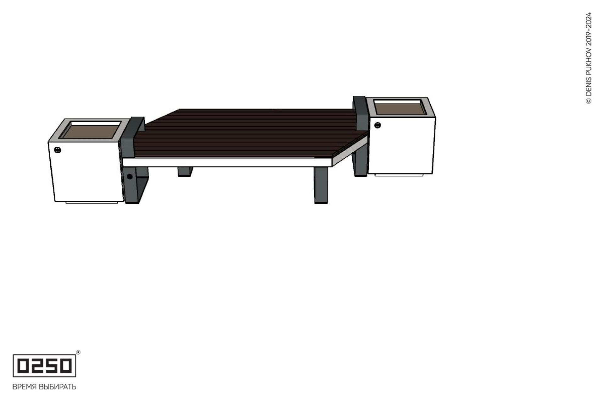 Уличная Скамейка двухсторонняя трапециевидная правая на ножках с двумя вазонами Кубэ 550 производство 0250