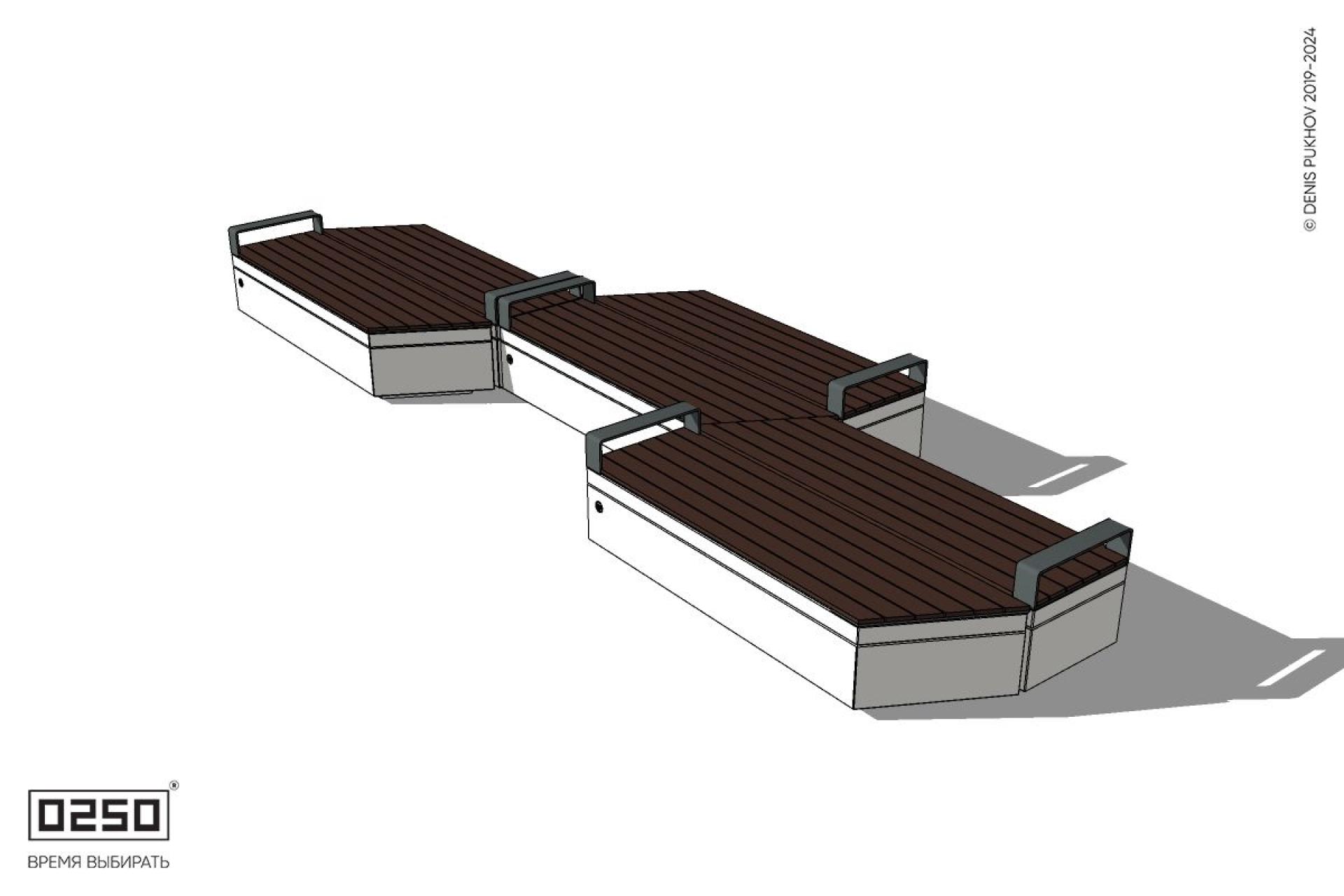 Уличная Скамейка паратрапецевидная правая трехпролетная с редкими подлокотниками на блоке производство 0250, module