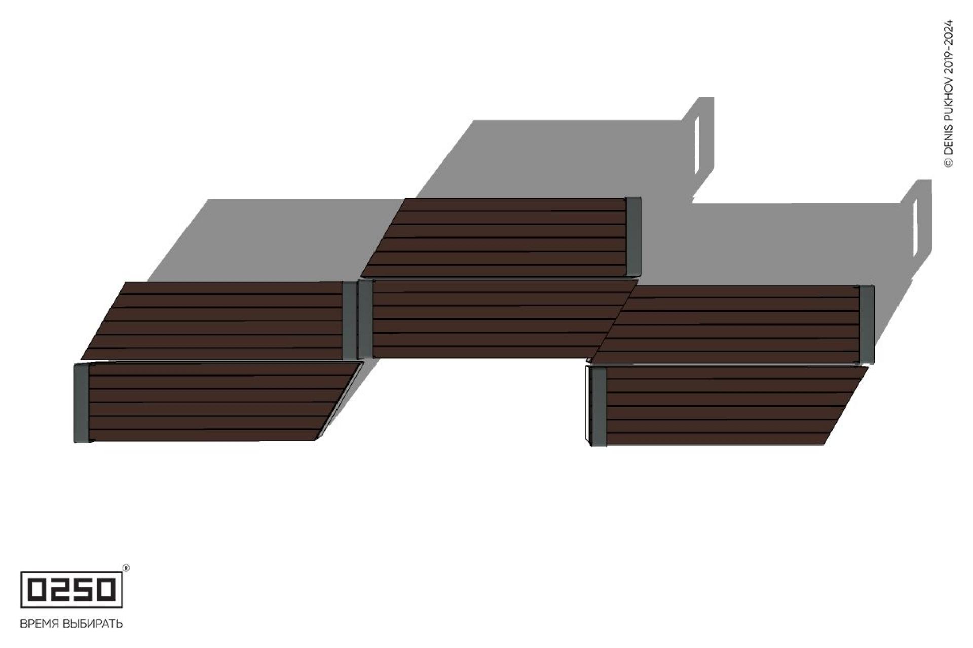 Уличная Скамейка паратрапецевидная правая трехпролетная с редкими подлокотниками на блоке производство 0250