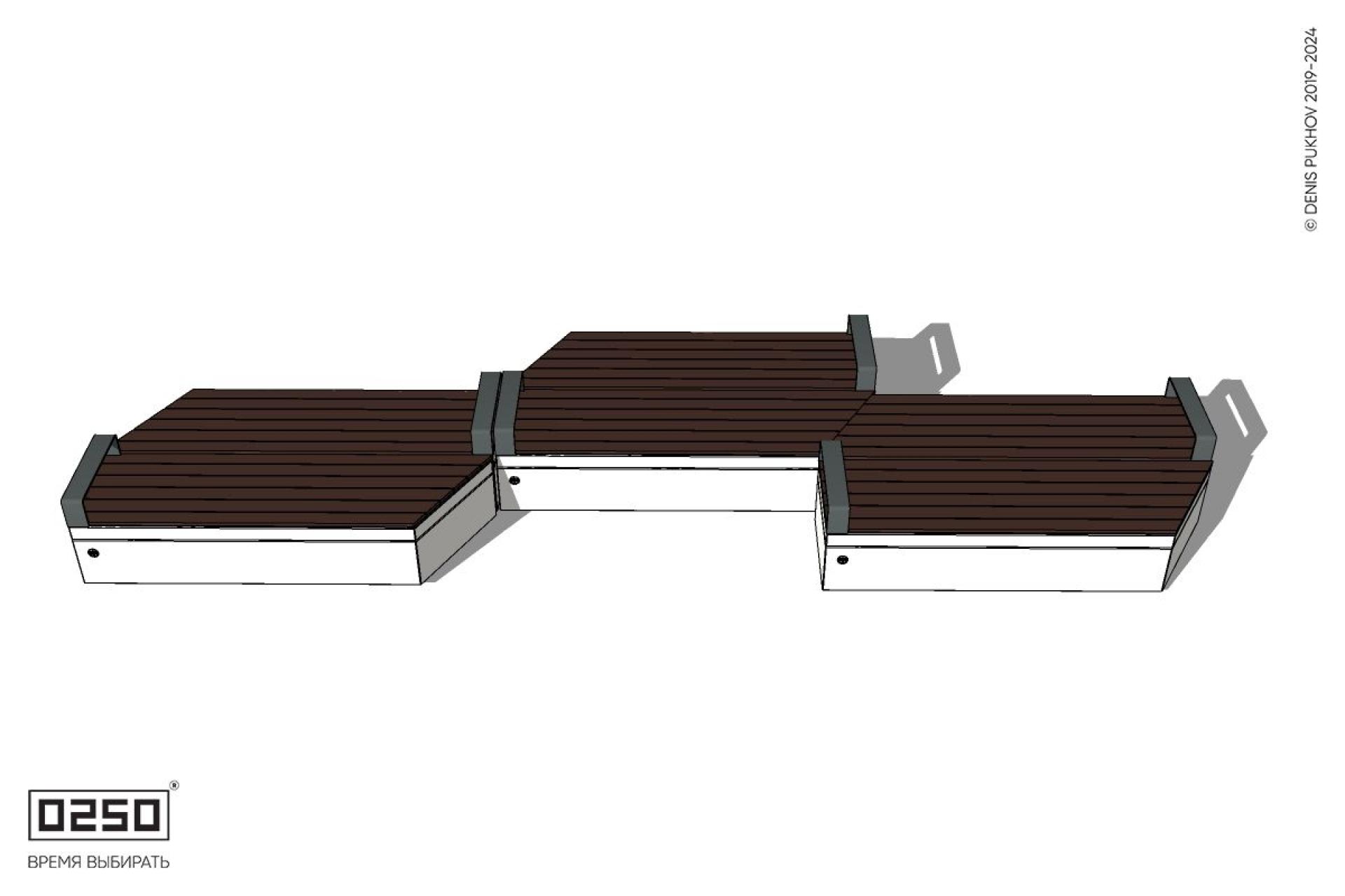 Уличная Скамейка паратрапецевидная правая трехпролетная с редкими подлокотниками на блоке производство 0250