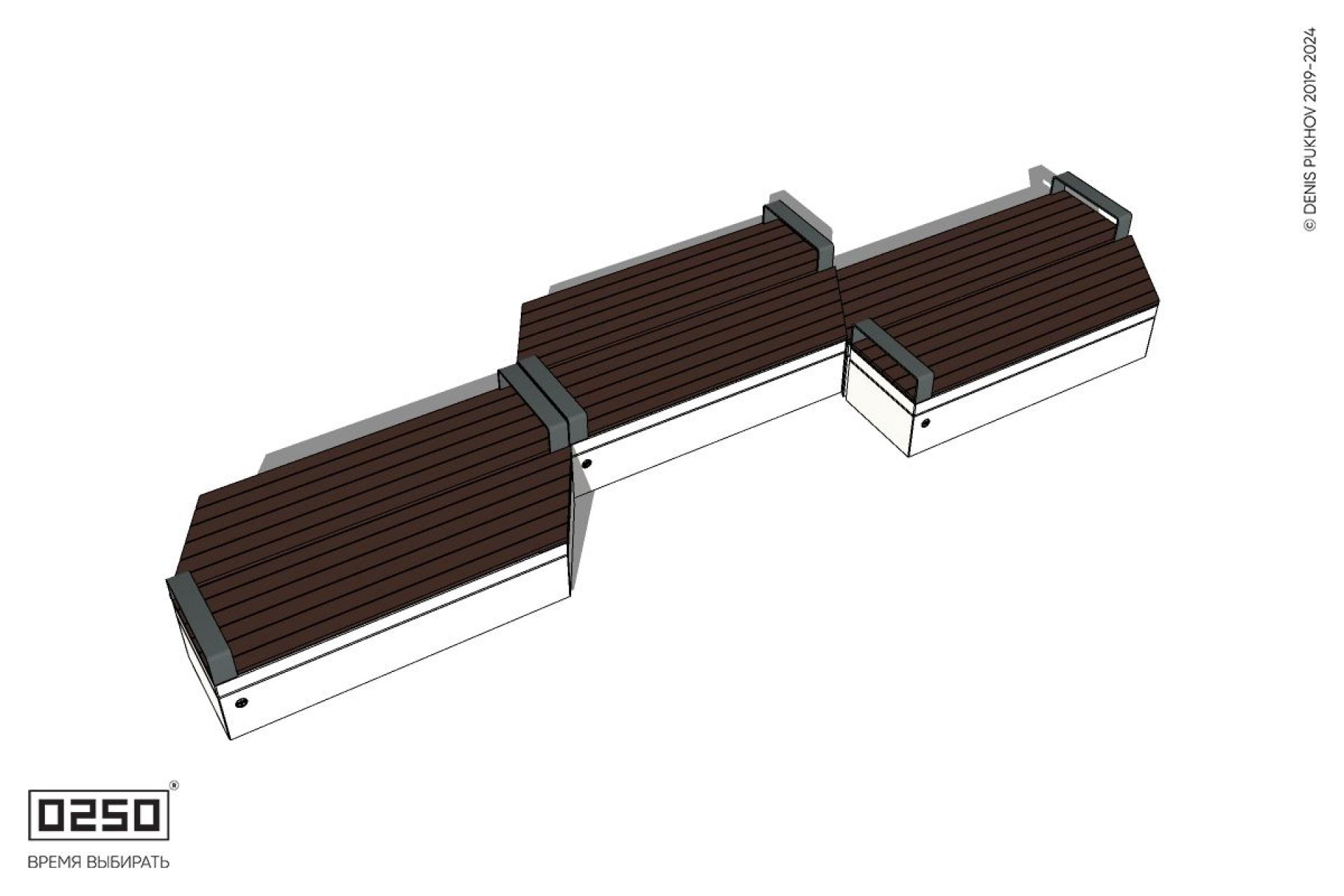 Уличная Скамейка паратрапецевидная правая трехпролетная с редкими подлокотниками на блоке производство 0250