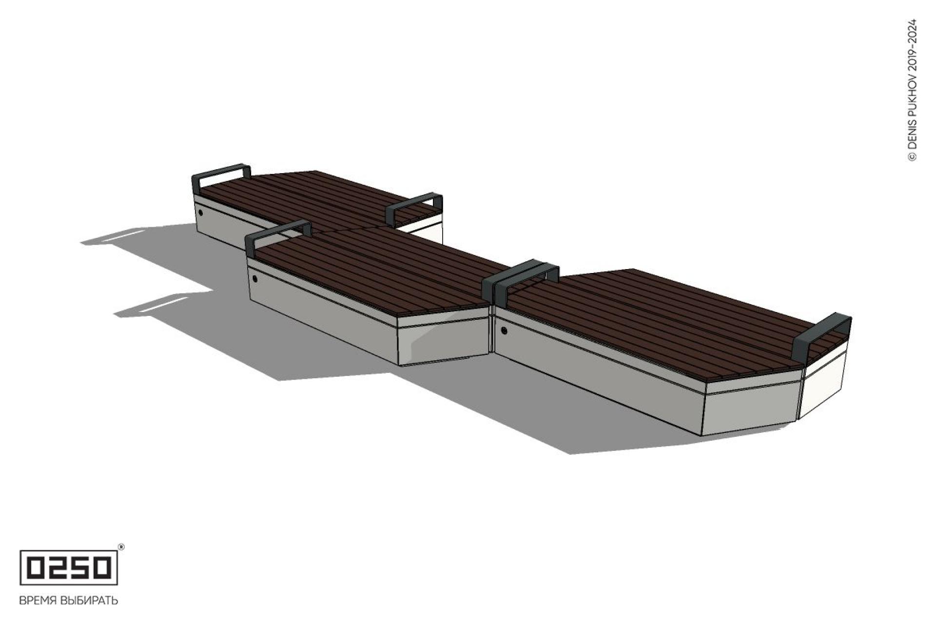 Уличная Скамейка паратрапецевидная правая трехпролетная с редкими подлокотниками на блоке производство 0250