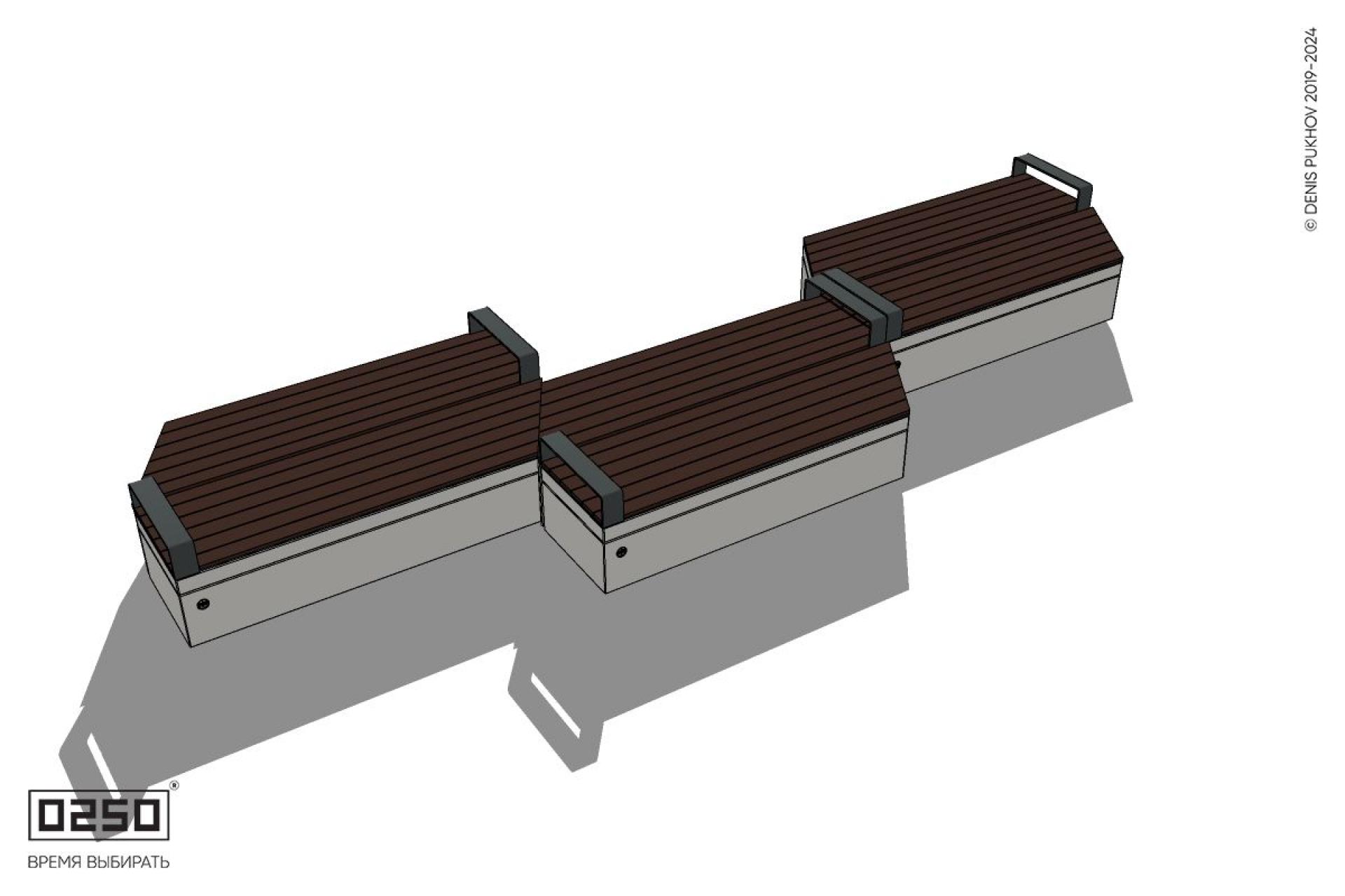 Уличная Скамейка паратрапецевидная правая трехпролетная с редкими подлокотниками на блоке производство 0250