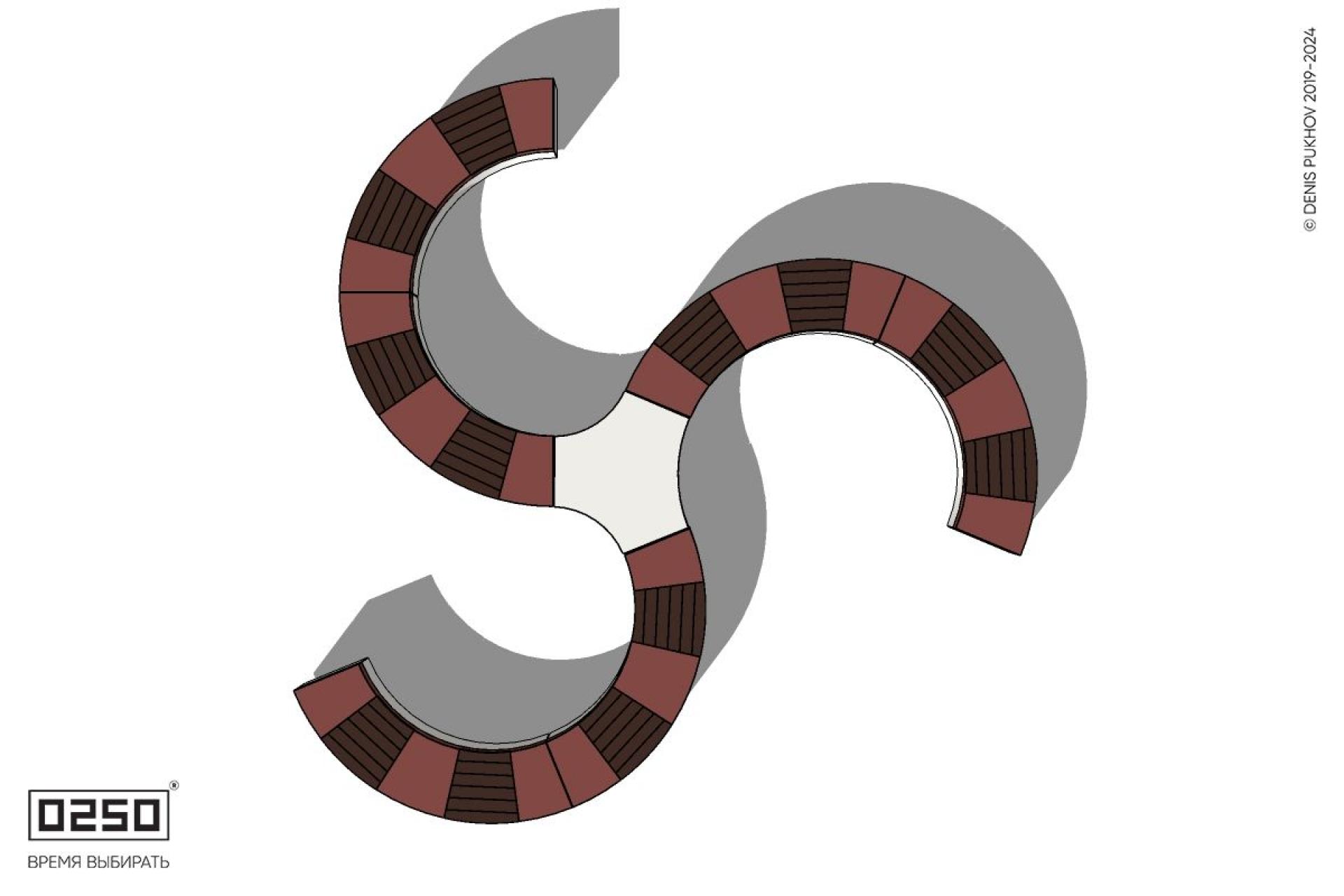 Уличная Трехлучевая радиусная с трилистником скамейка на блоке производство 0250, module