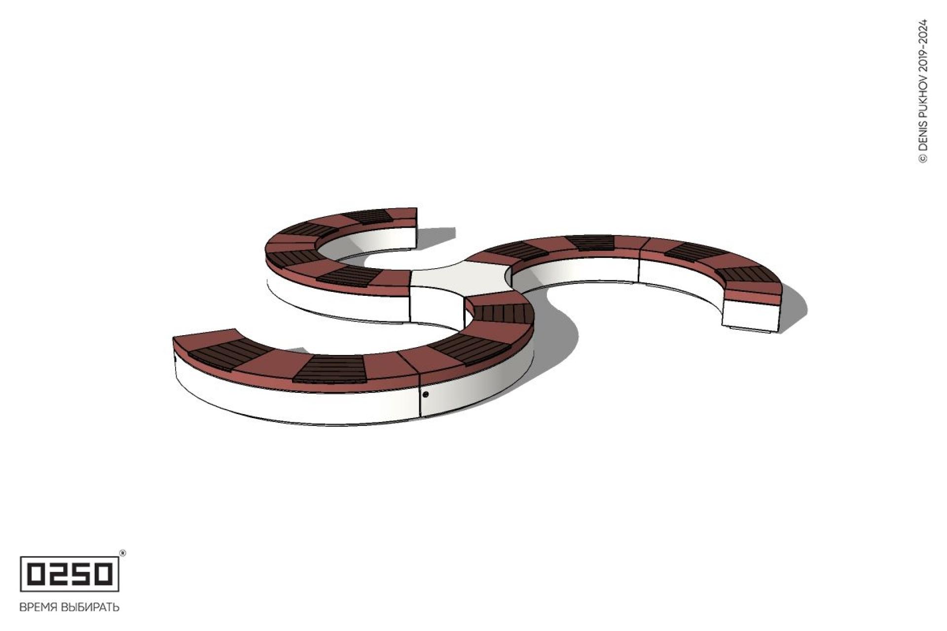 Уличная Трехлучевая радиусная с трилистником скамейка на блоке производство 0250