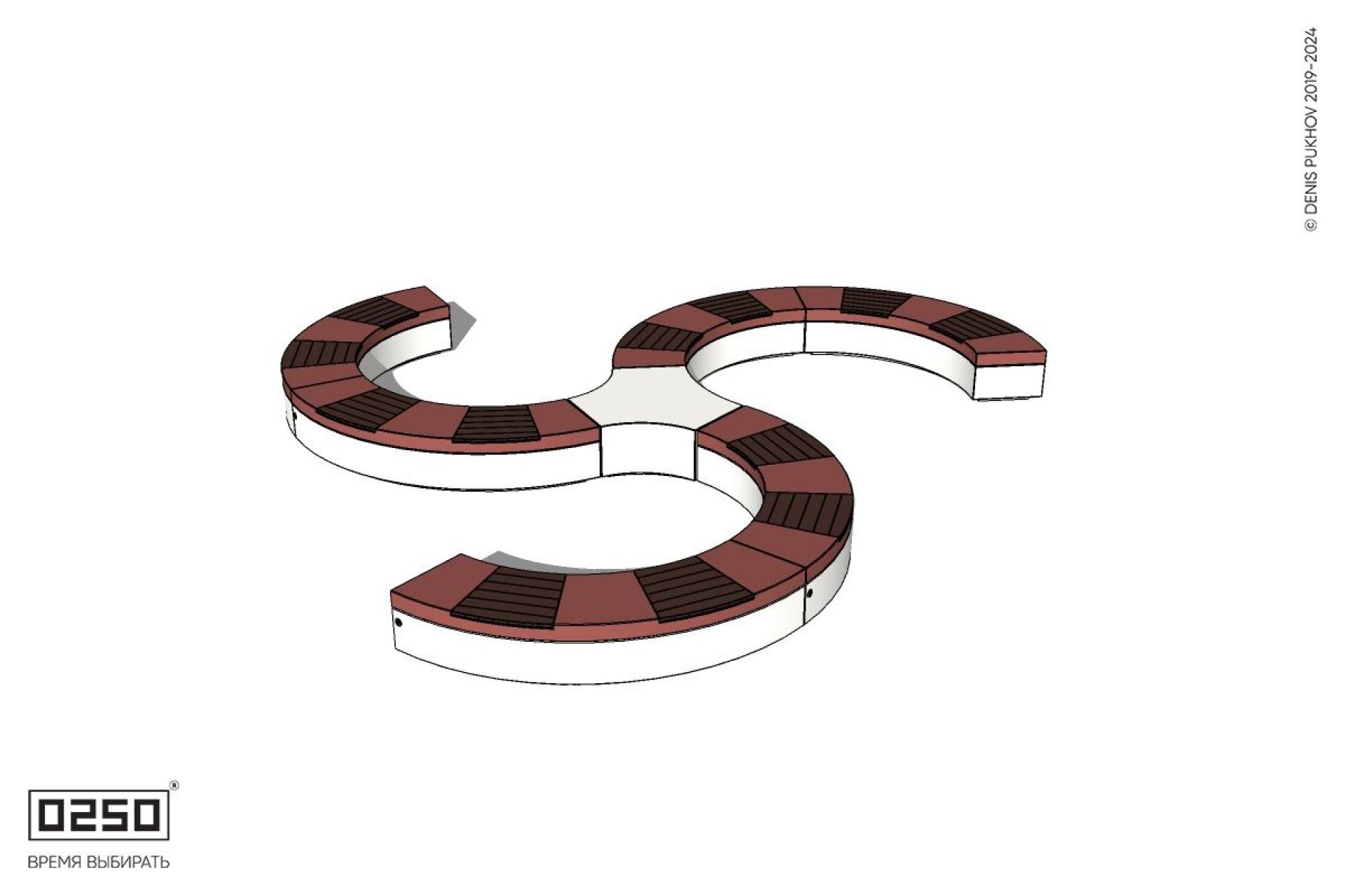 Уличная Трехлучевая радиусная с трилистником скамейка на блоке производство 0250