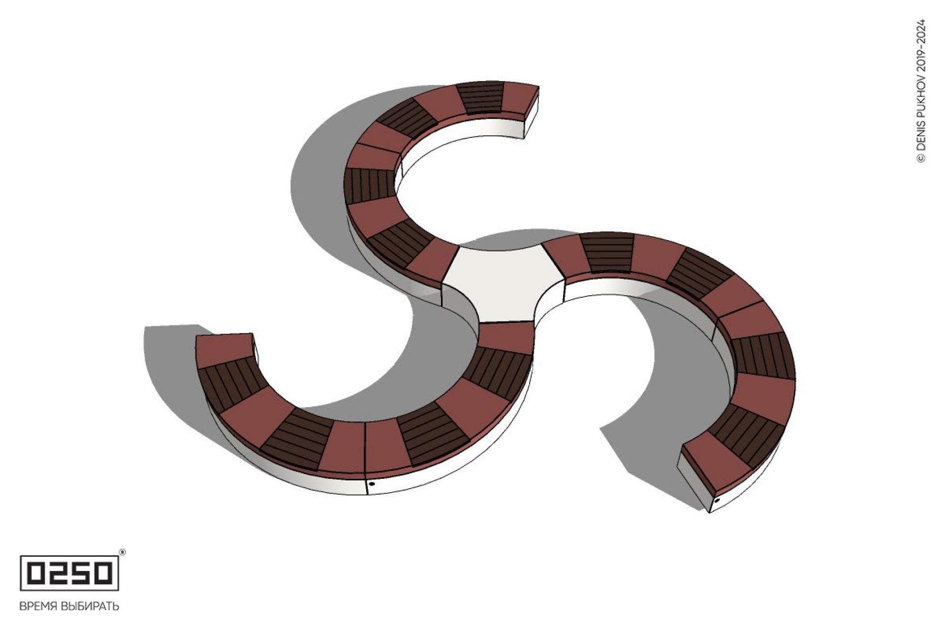 Уличная Трехлучевая радиусная с трилистником скамейка на блоке производство 0250