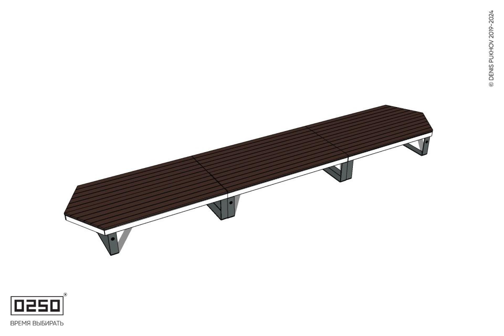 Уличная Скамейка двухсторонняя трехпролетная с клиновидным торцом на ножках производство 0250 Уличная Скамейка двухсторонняя трехпролетная с клиновидным торцом на ножках производство 0250