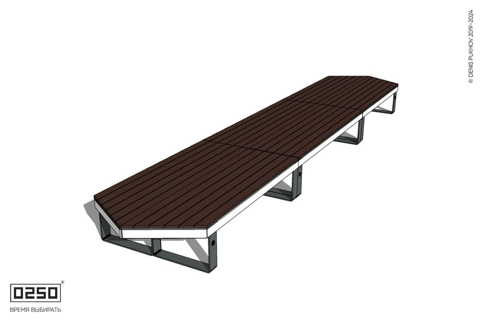 Уличная Скамейка двухсторонняя трехпролетная с клиновидным торцом на ножках производство 0250 Уличная Скамейка двухсторонняя трехпролетная с клиновидным торцом на ножках производство 0250