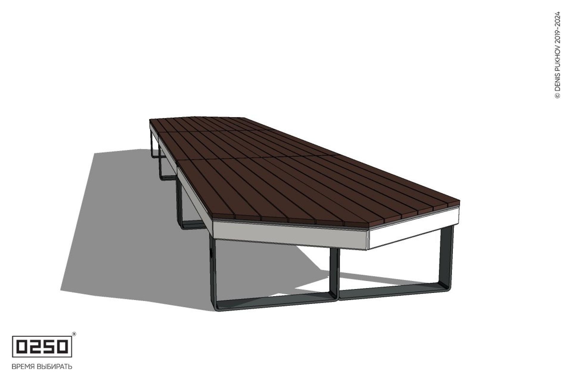 Уличная Скамейка двухсторонняя трехпролетная с клиновидным торцом на ножках производство 0250 Уличная Скамейка двухсторонняя трехпролетная с клиновидным торцом на ножках производство 0250