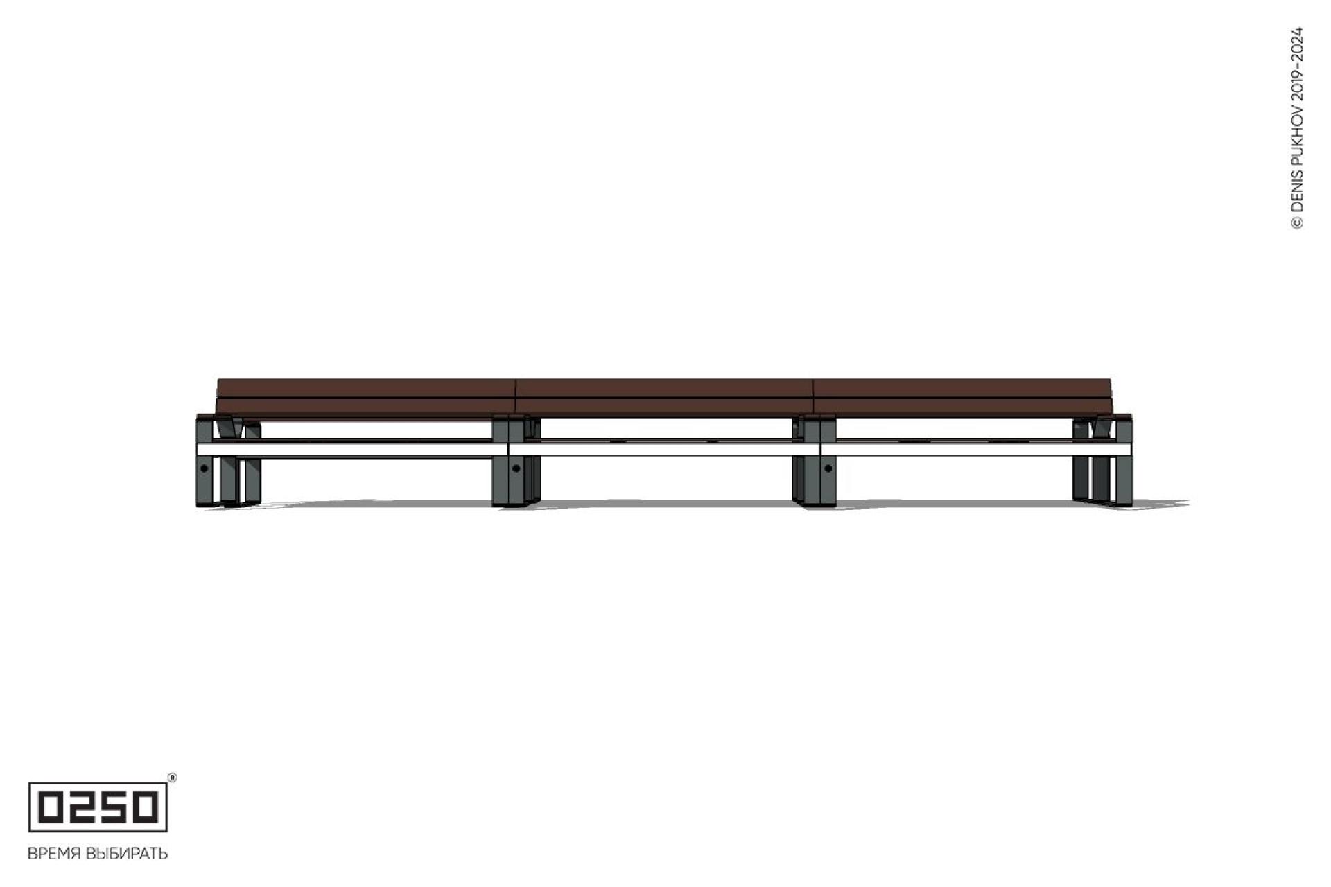 Уличная Скамейка двухсторонняя трехпролетная со спинкой и подлокотниками на ножках производство 0250
