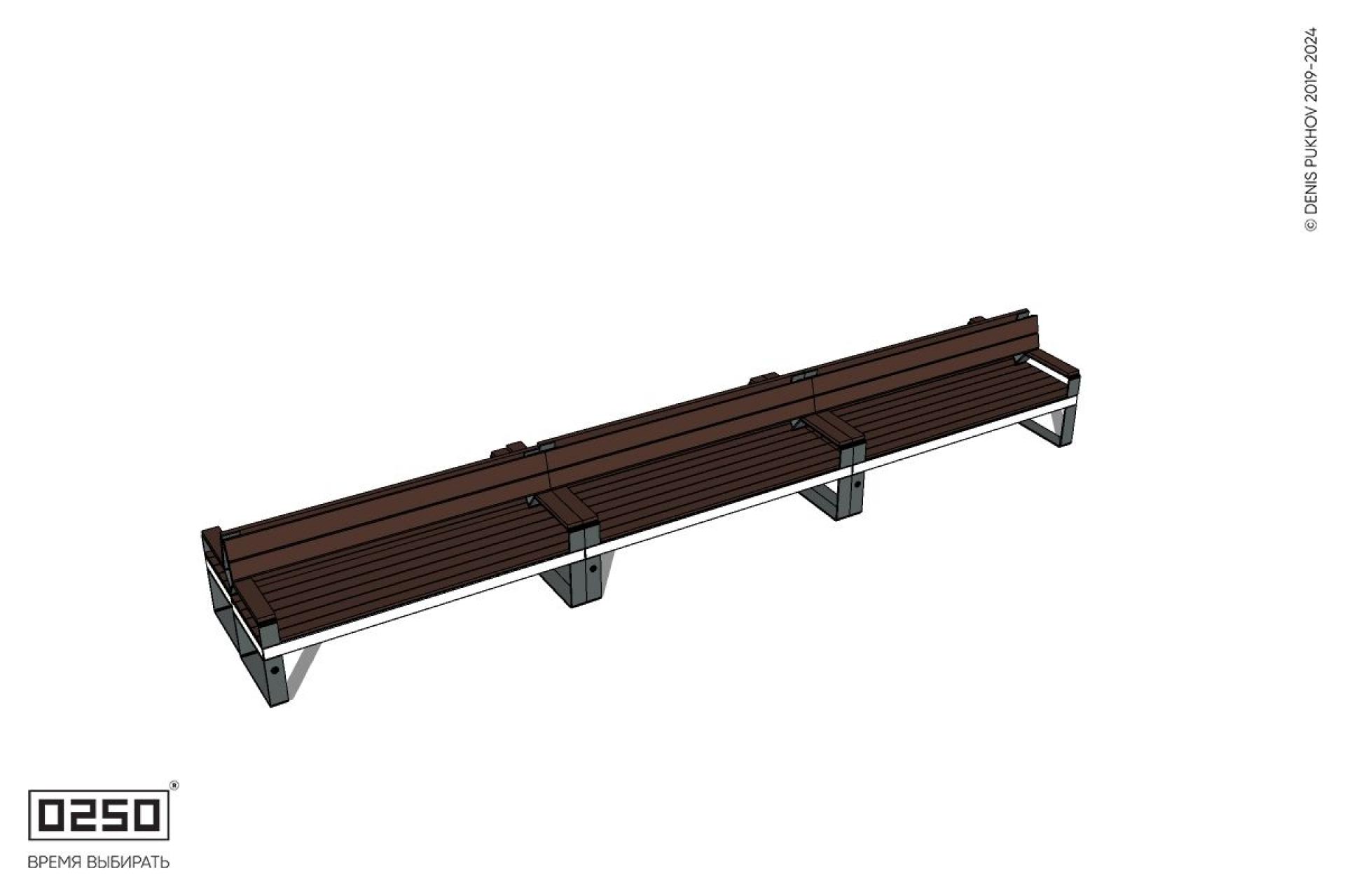 Уличная Скамейка двухсторонняя трехпролетная со спинкой и подлокотниками на ножках производство 0250