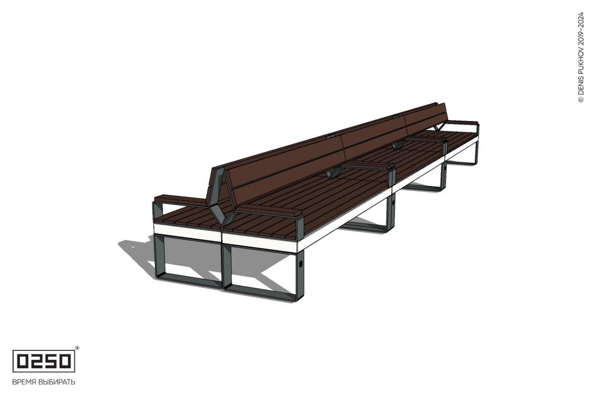 Уличная Скамейка двухсторонняя трехпролетная со спинкой и подлокотниками на ножках производство 0250