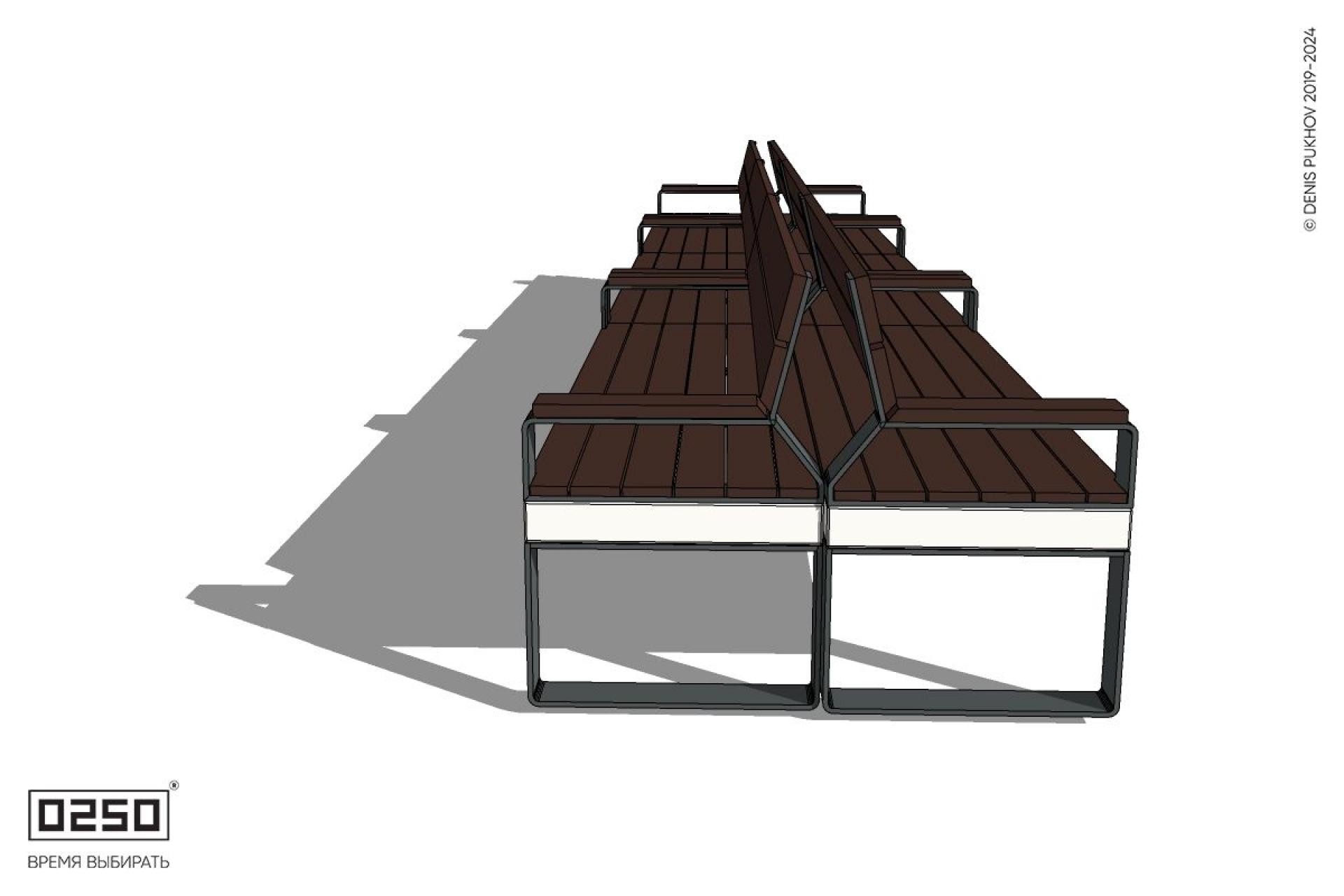 Уличная Скамейка двухсторонняя трехпролетная со спинкой и подлокотниками на ножках производство 0250