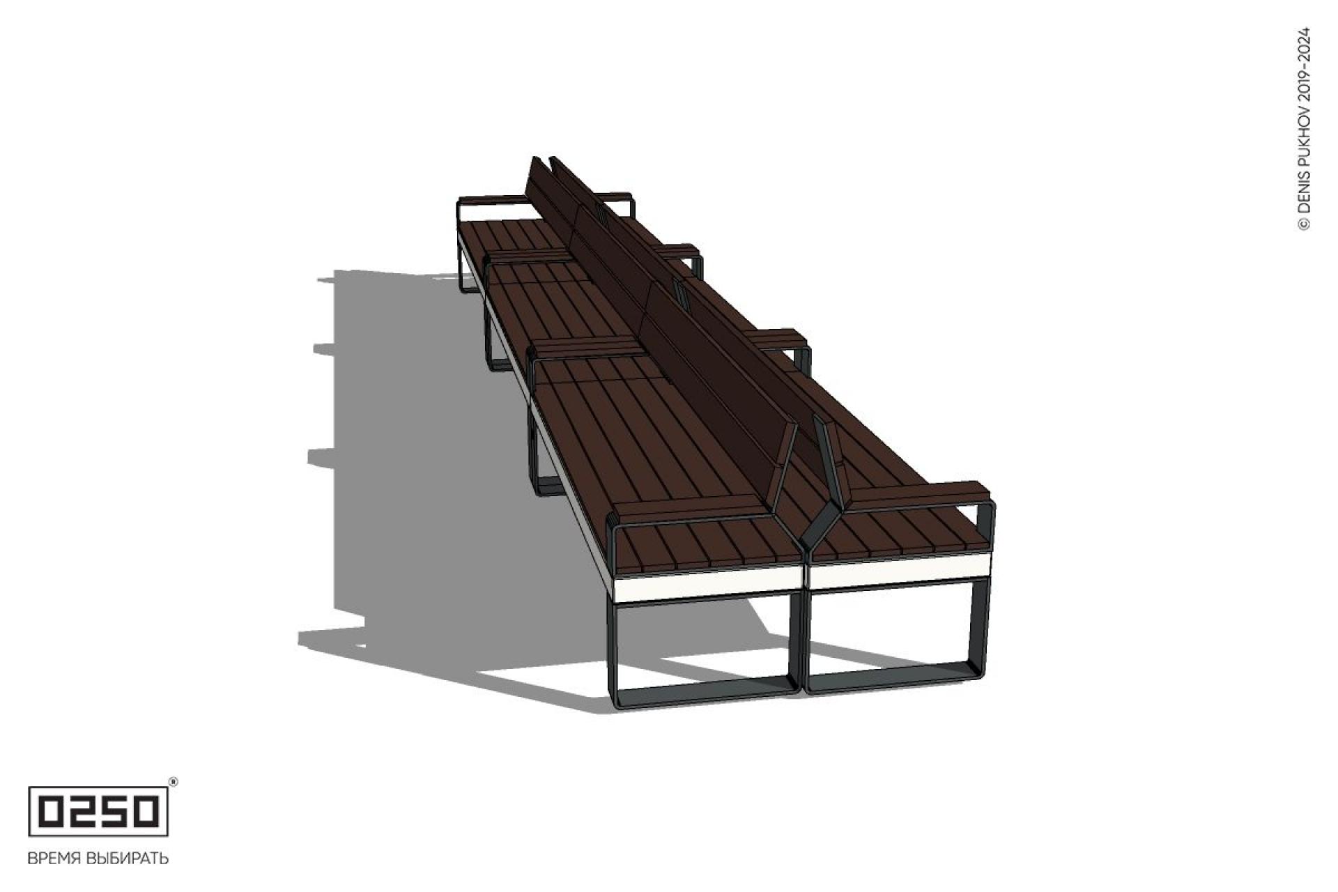 Уличная Скамейка двухсторонняя трехпролетная со спинкой и подлокотниками на ножках производство 0250