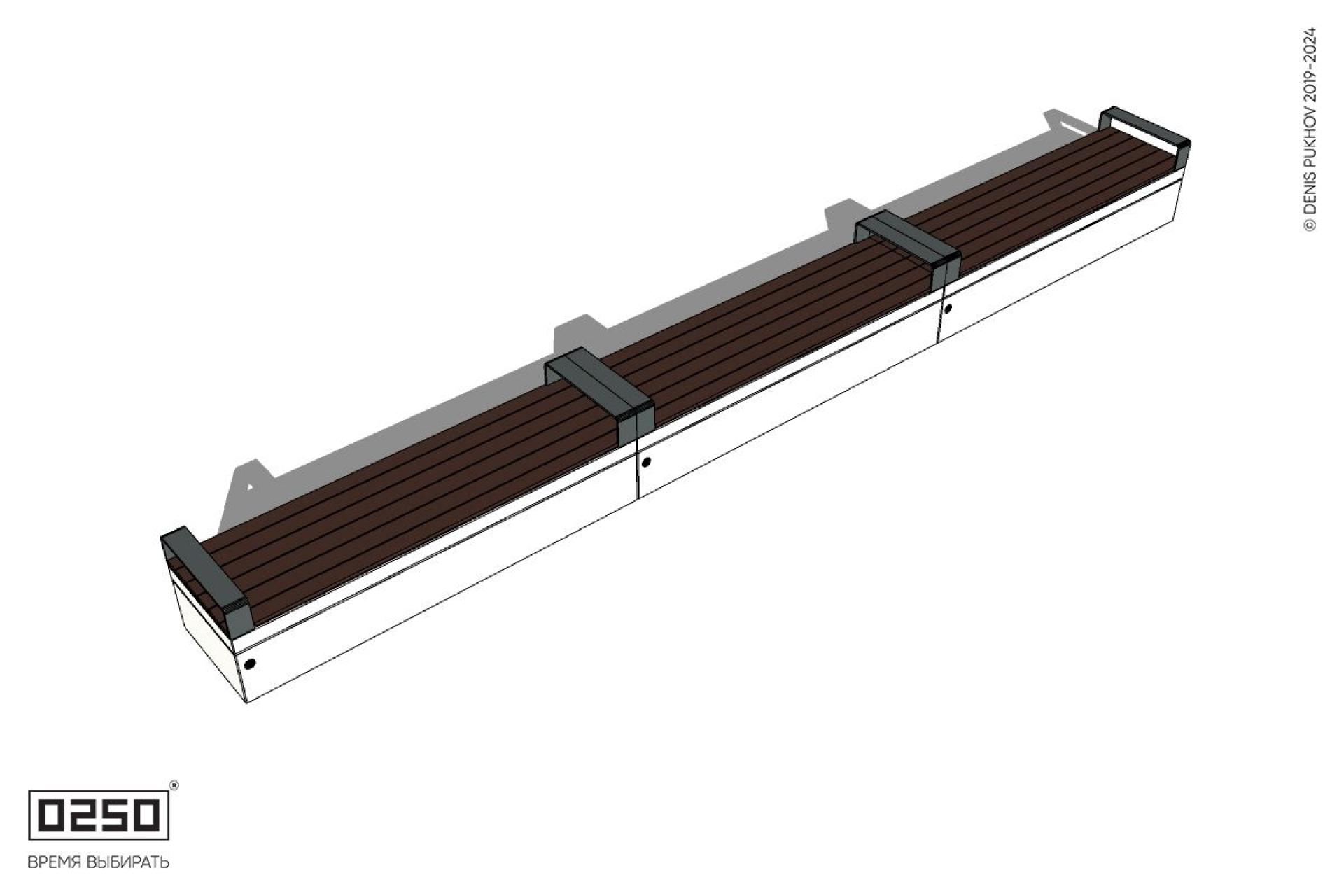 Уличная Скамейка трехпролетная с частыми подлокотниками на блоке производство 0250