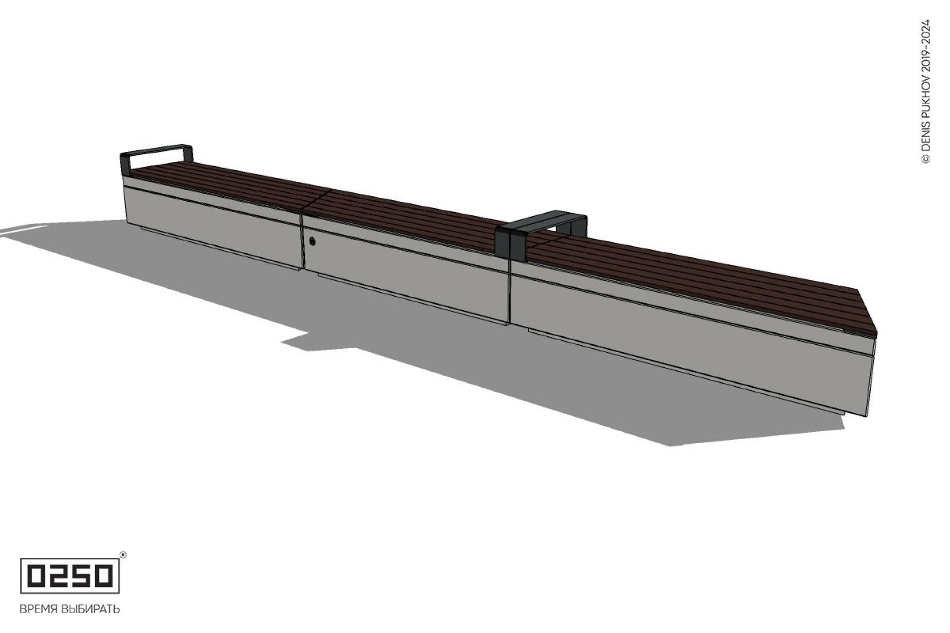 Уличная Скамейка скошенная справа трехпролетная с редкими подлокотниками на блоке производство 0250