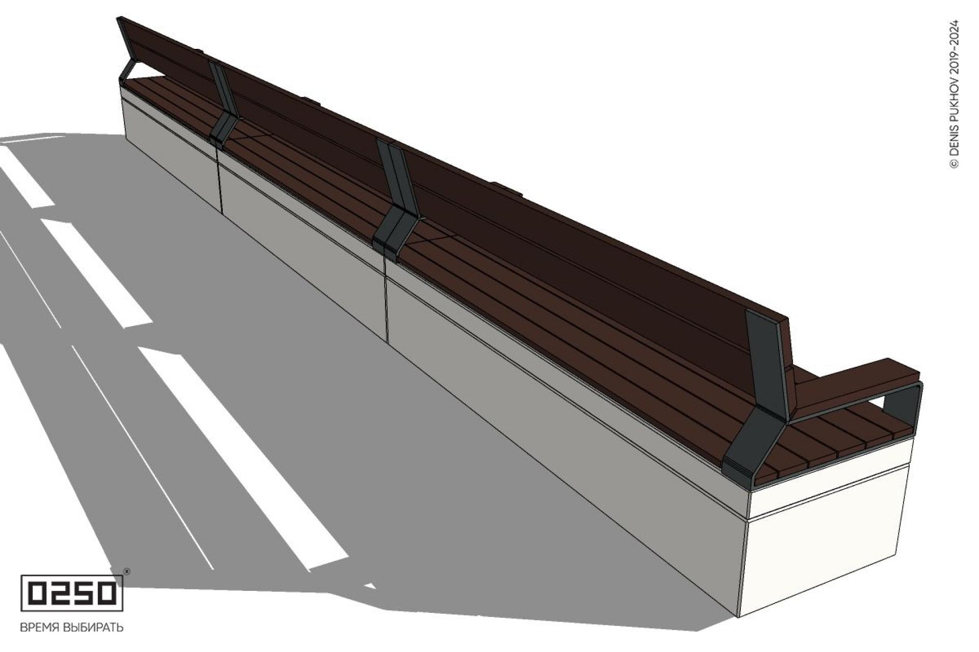 Уличная Скамейка трехпролетная со спинкой и подлокотниками на блоке производство 0250