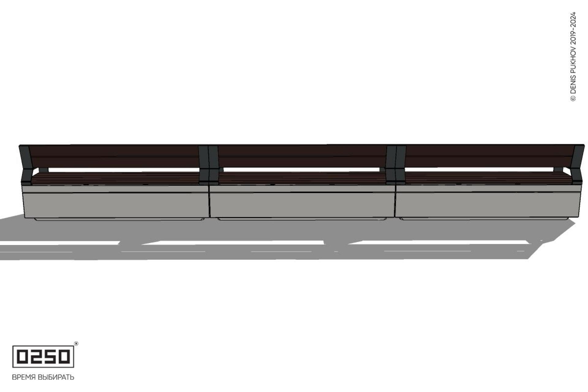 Уличная Скамейка трехпролетная со спинкой и подлокотниками на блоке производство 0250