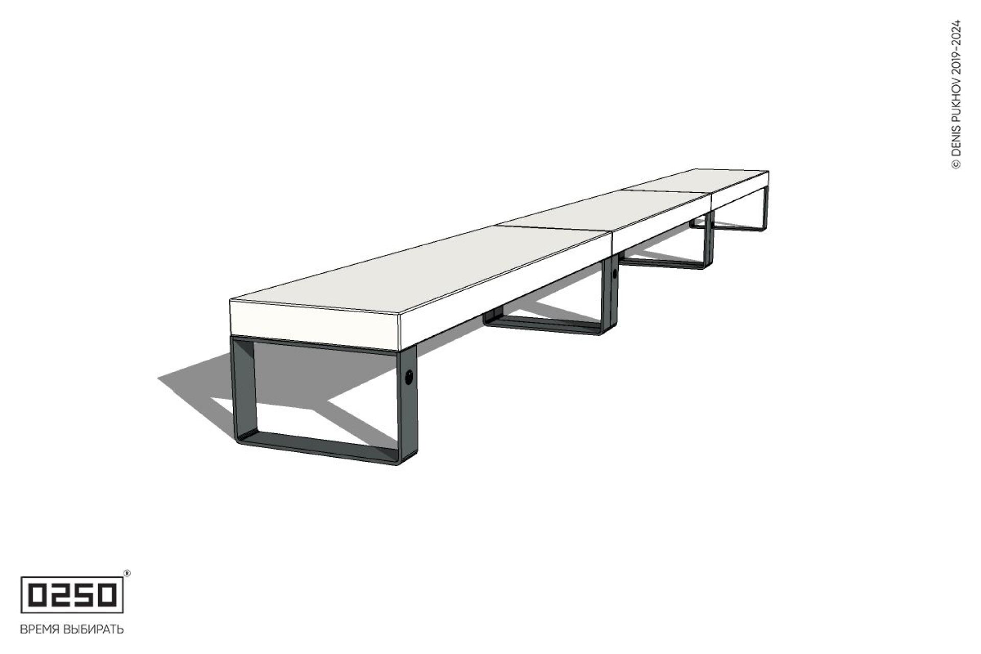 Уличная Бетонная трехпролетная скамейка на ножках производство 0250 Уличная Бетонная трехпролетная скамейка на ножках производство 0250