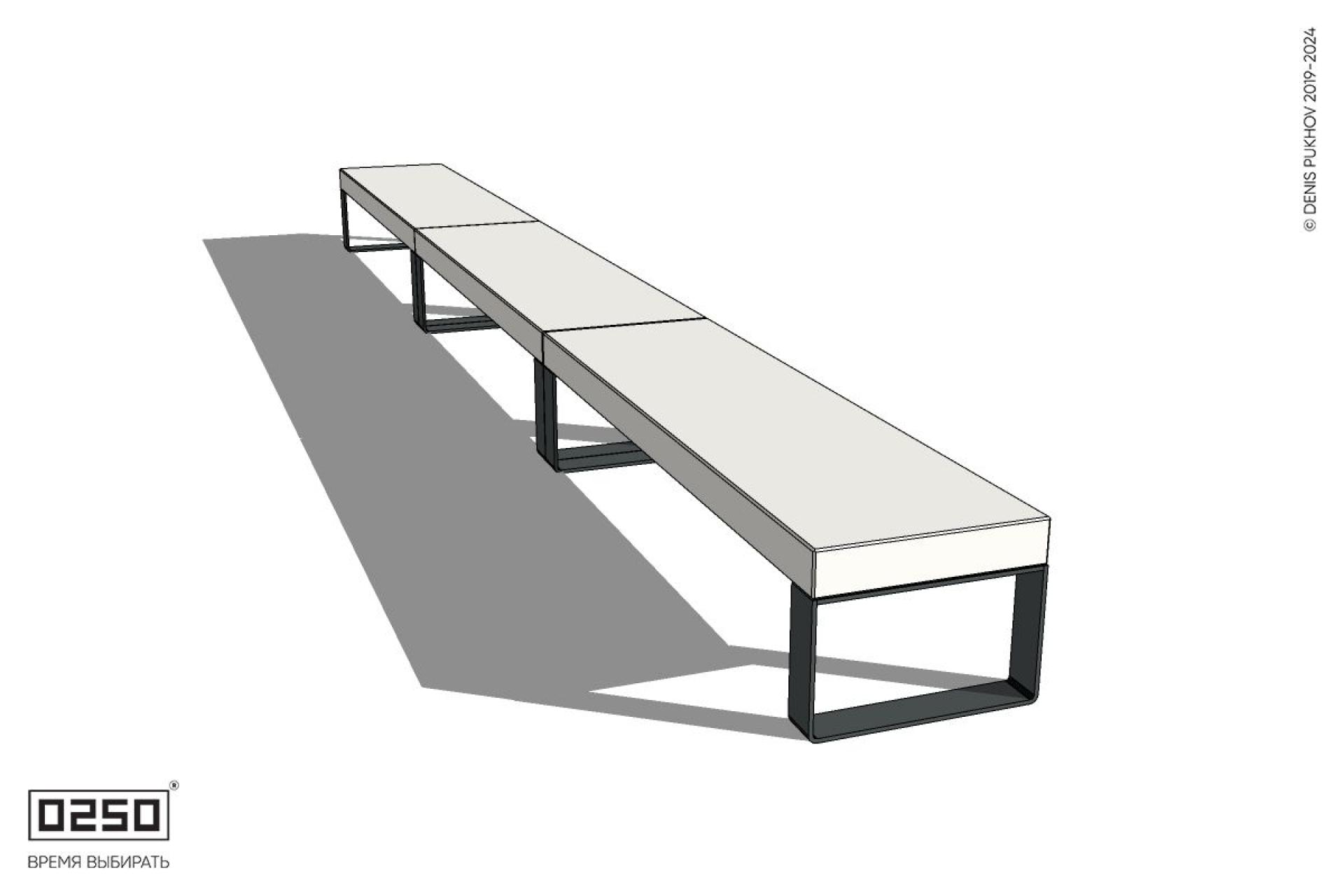 Уличная Бетонная трехпролетная скамейка на ножках производство 0250 Уличная Бетонная трехпролетная скамейка на ножках производство 0250