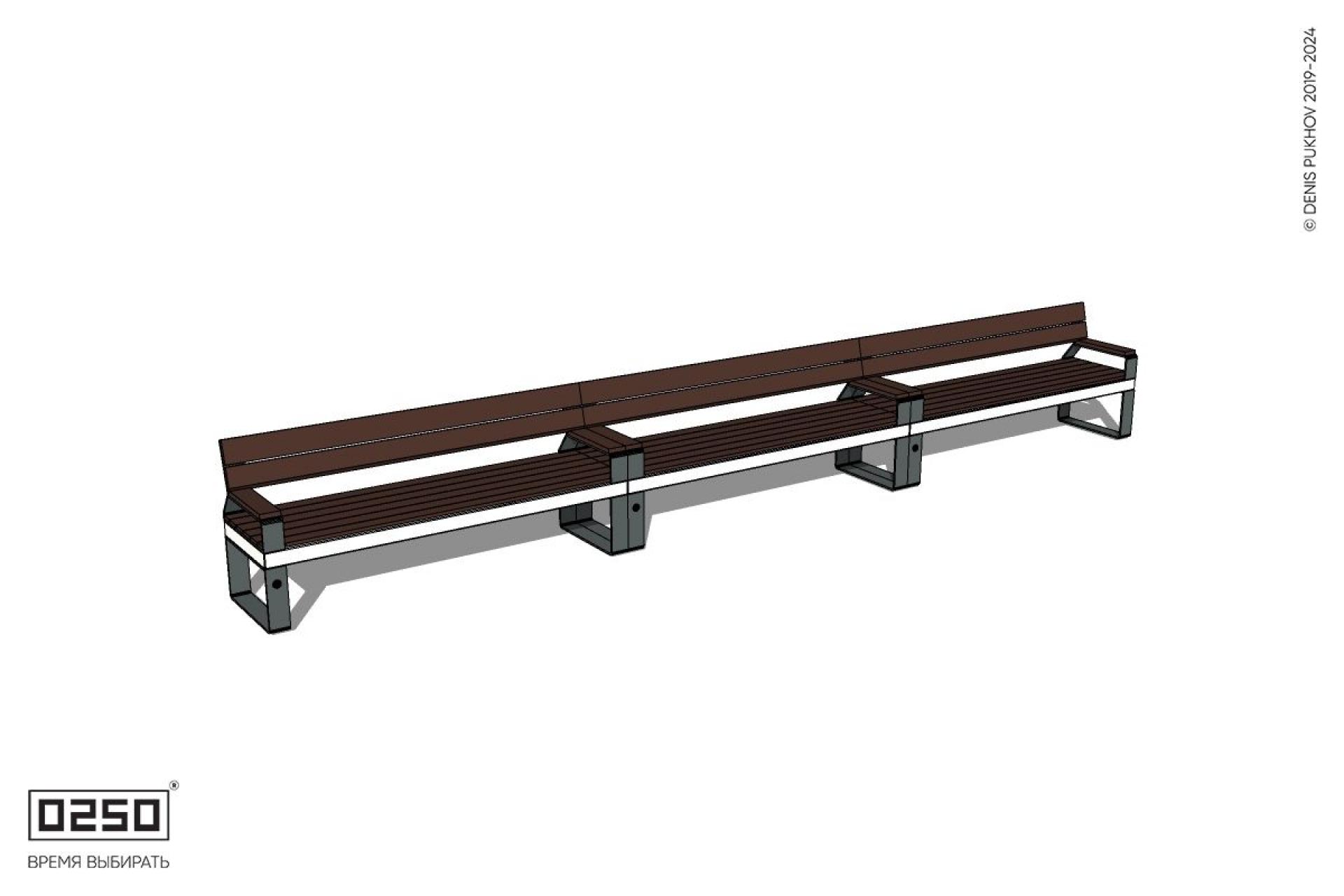 Уличная Скамейка трехпролетная со спинкой и подлокотником на ножках производство 0250