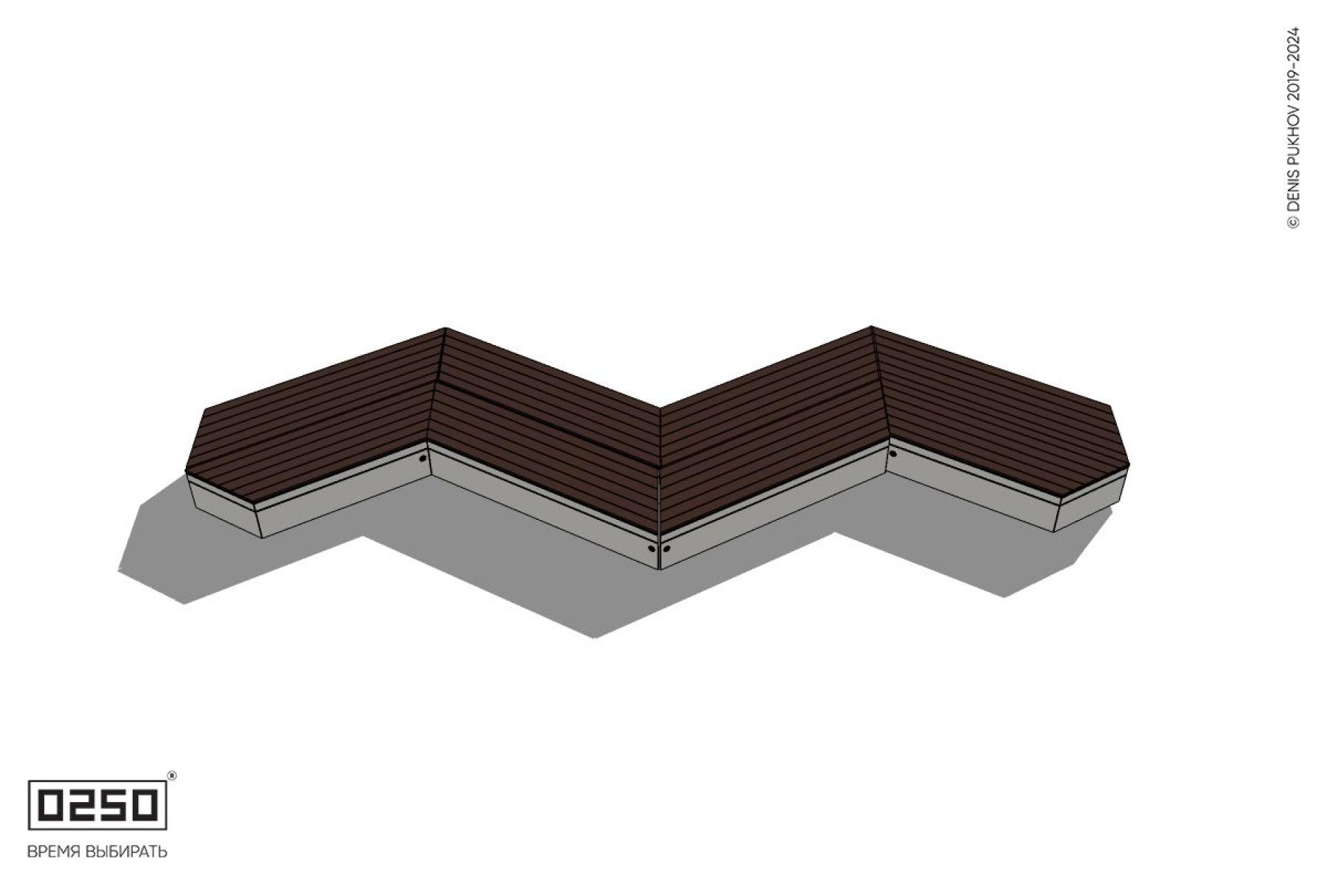 Уличная Зигзагообразная трапецеидальная двухсторонняя четырехпролетная скамейка с клиновидными торцами на блоке производство 0250