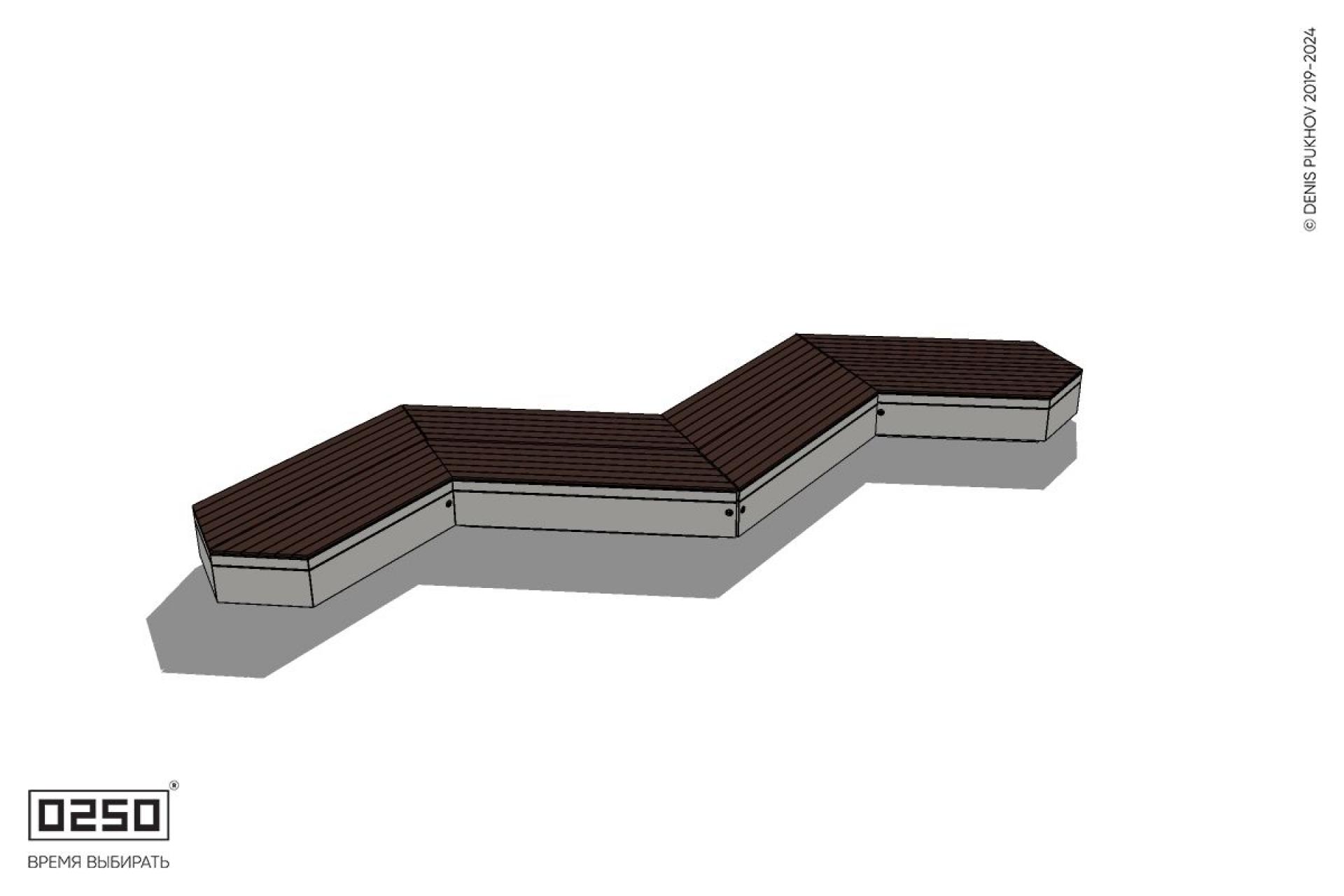 Уличная Зигзагообразная трапецеидальная двухсторонняя четырехпролетная скамейка с клиновидными торцами на блоке производство 0250