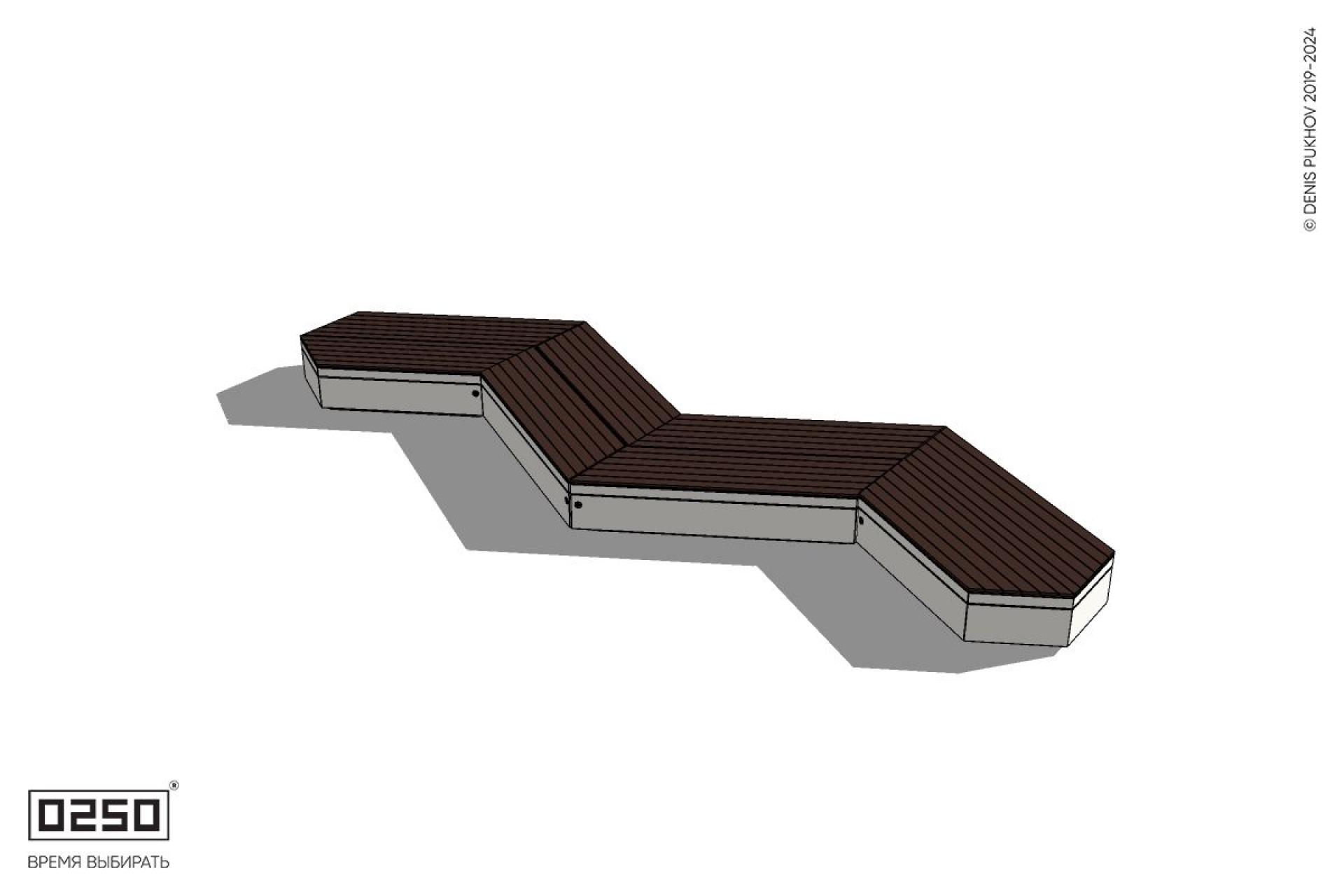 Уличная Зигзагообразная трапецеидальная двухсторонняя четырехпролетная скамейка с клиновидными торцами на блоке производство 0250