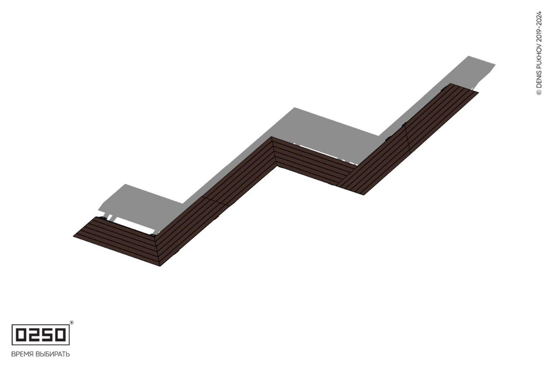 Зигзагообразная трапецеидальная четырехпролетная удвоенная скамейка на ножках Уличная Зигзагообразная трапецеидальная четырехпролетная удвоенная скамейка на ножках производство 0250, module