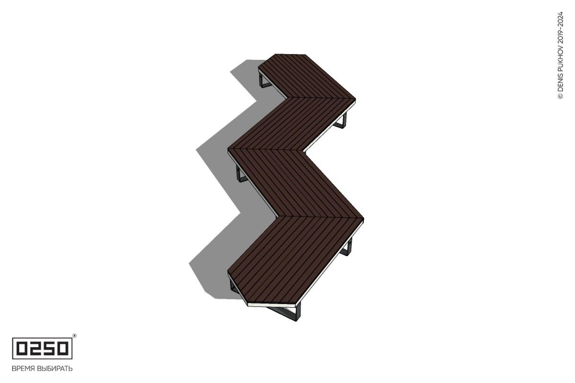 Уличная Зигзагообразная длинная четырехпролетная двухсторонняя скамейка с клиновидными торцами на ножках производство 0250