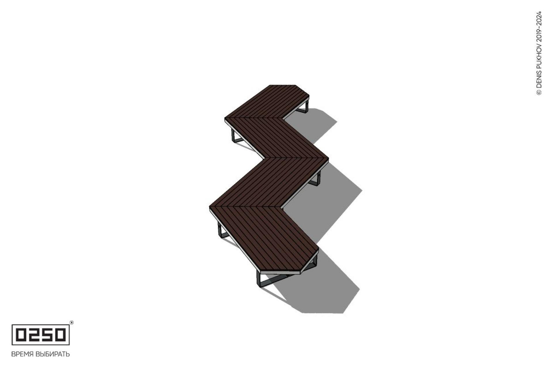 Уличная Зигзагообразная длинная четырехпролетная двухсторонняя скамейка с клиновидными торцами на ножках производство 0250