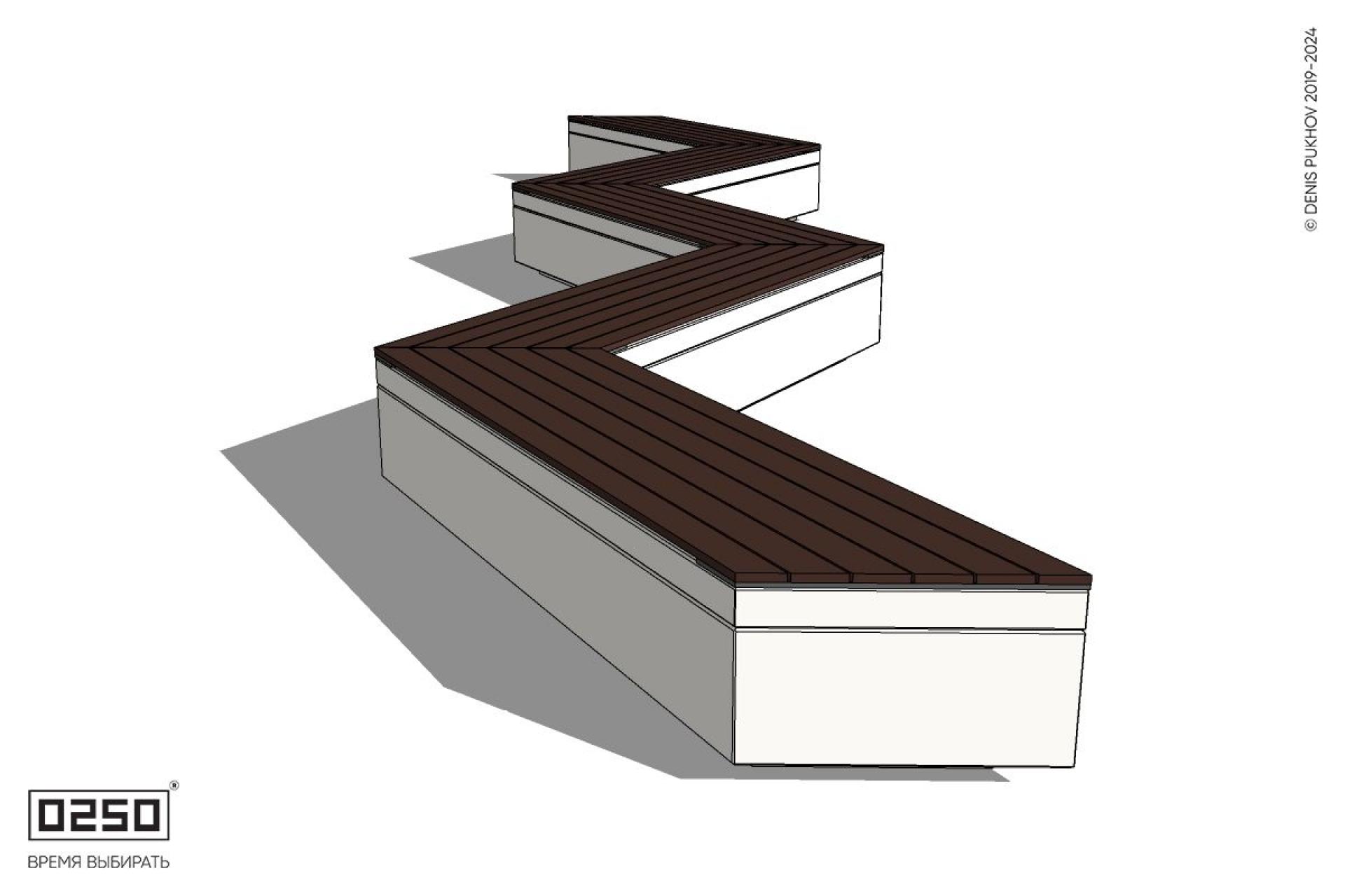 Уличная Зигзагообразная трапецеидальная длинная пятипролетная скамейка на блоке производство 0250 Уличная Зигзагообразная трапецеидальная длинная пятипролетная скамейка на блоке производство 0250