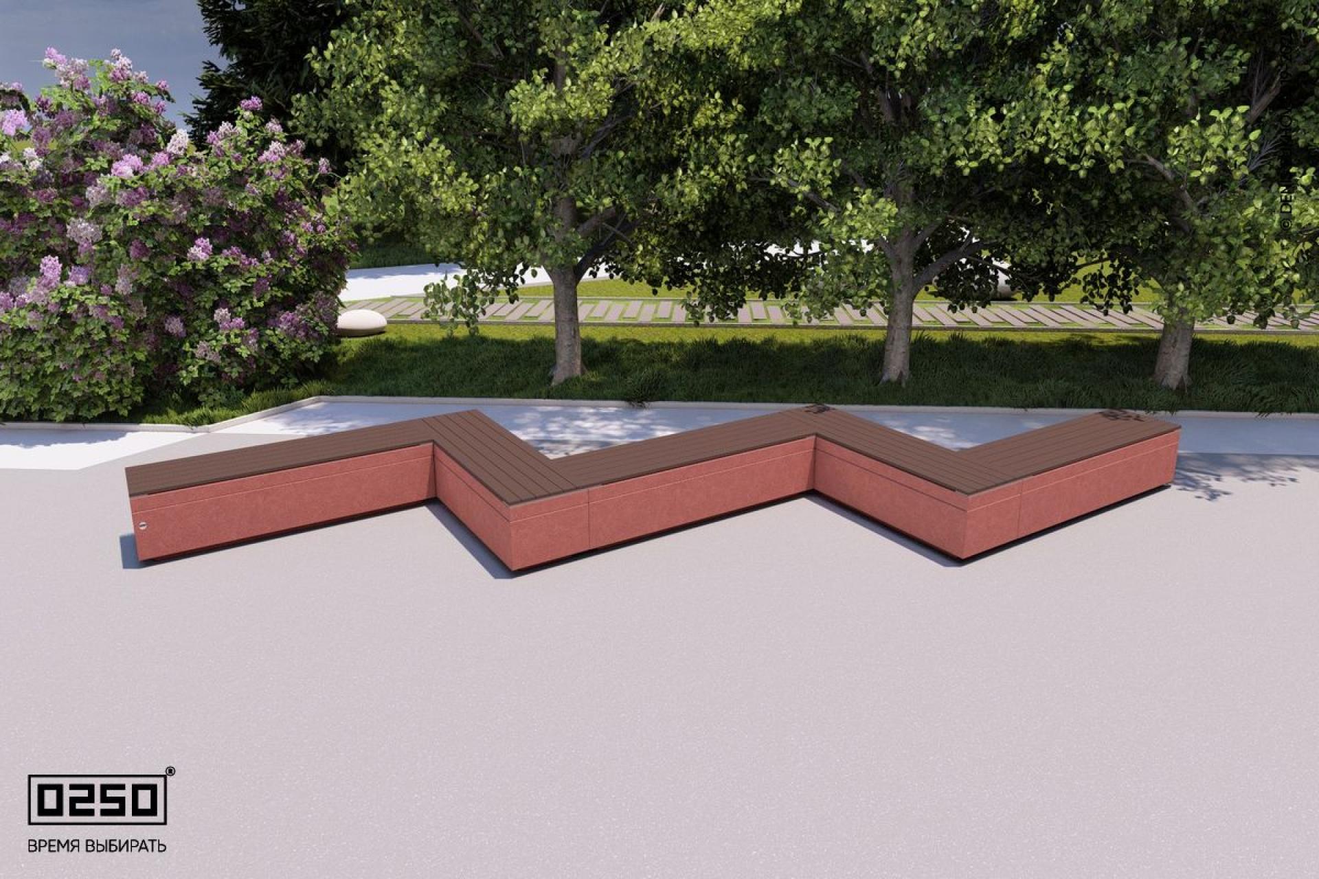 Визуализация: Модульная зигзагообразная прямоугольная пятипролетная скамейка на блоке из ультрабетона красного цвета