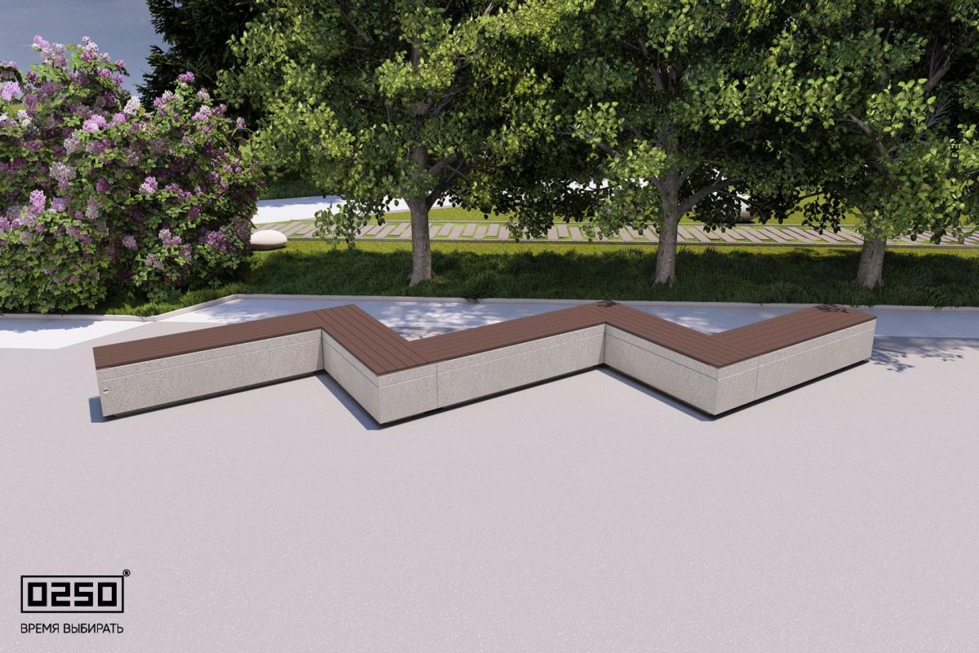 Визуализация: Модульная зигзагообразная прямоугольная пятипролетная скамейка на блоке из ультрабетонаа серого цвета 