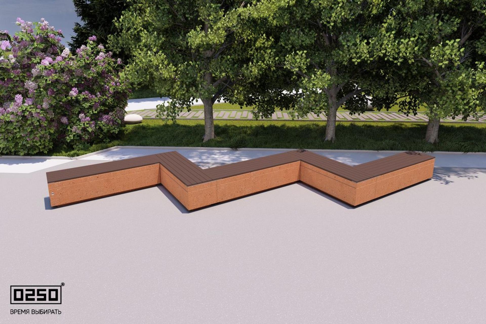 Визуализация: Модульная зигзагообразная прямоугольная пятипролетная скамейка на блоке из ультрабетона оранжевого цвета