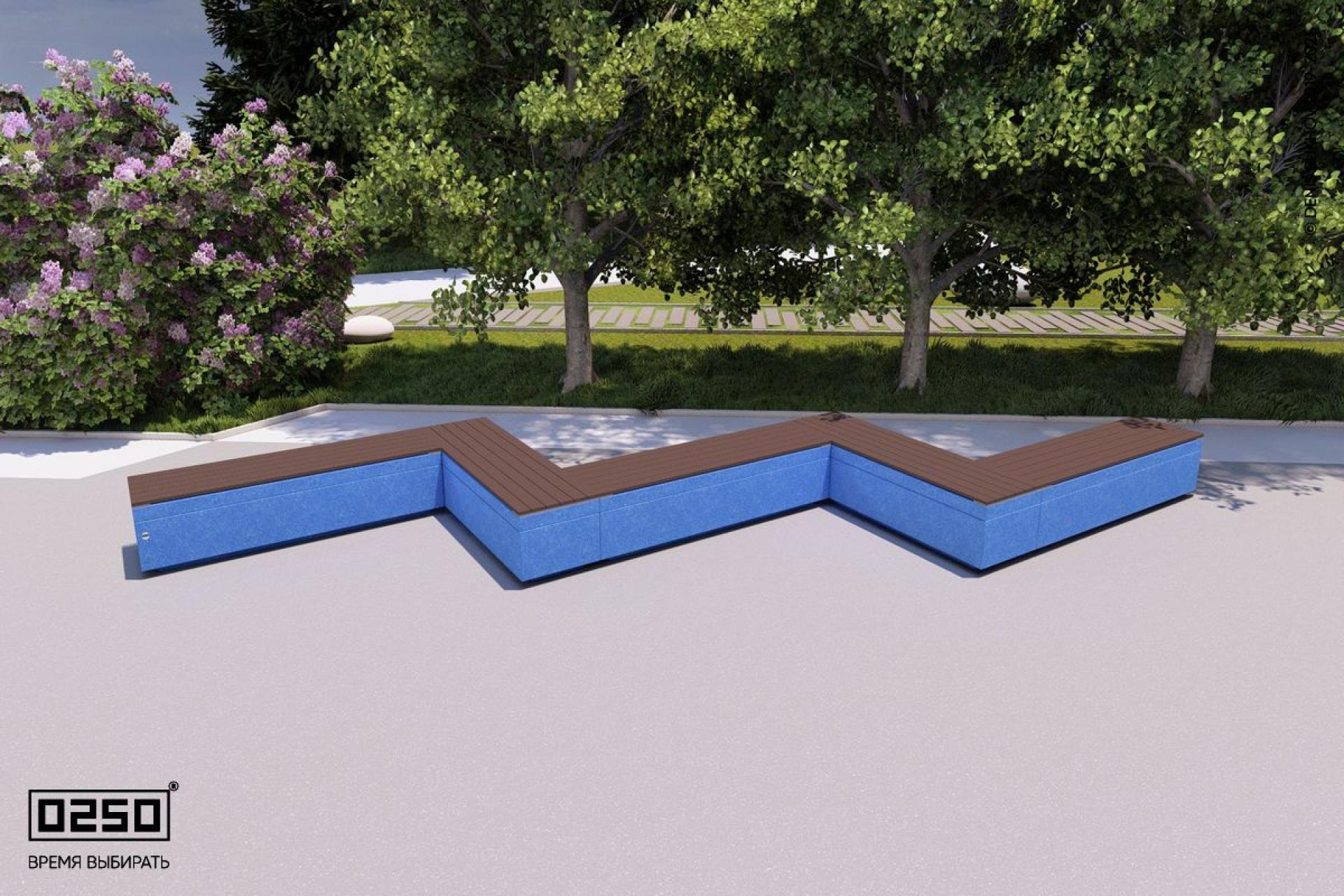 Визуализация: Модульная зигзагообразная прямоугольная пятипролетная скамейка на блоке из ультрабетона голубого цвета