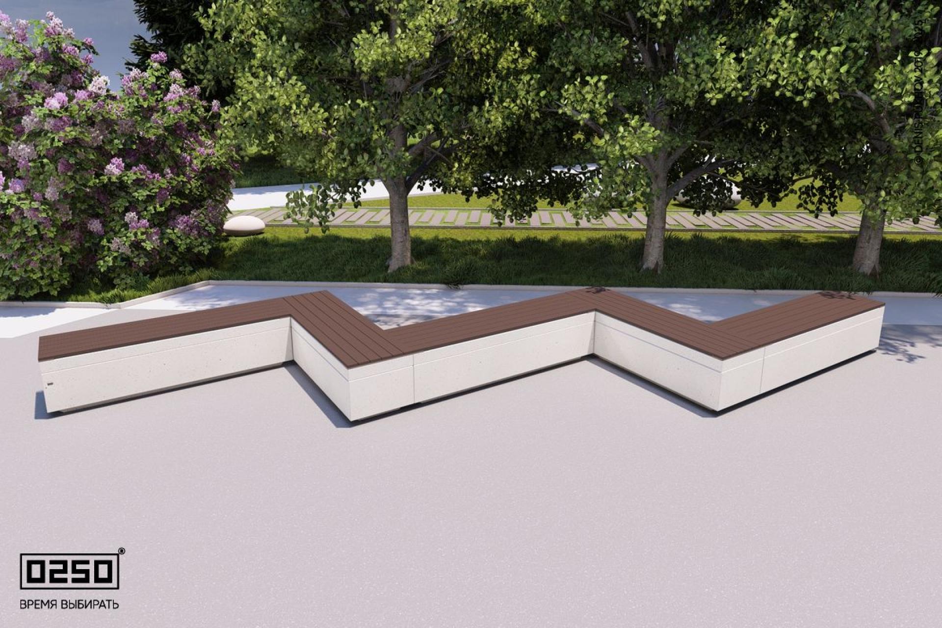 Визуализация: Модульная зигзагообразная прямоугольная пятипролетная скамейка на блоке из ультрабетона белого цвета 