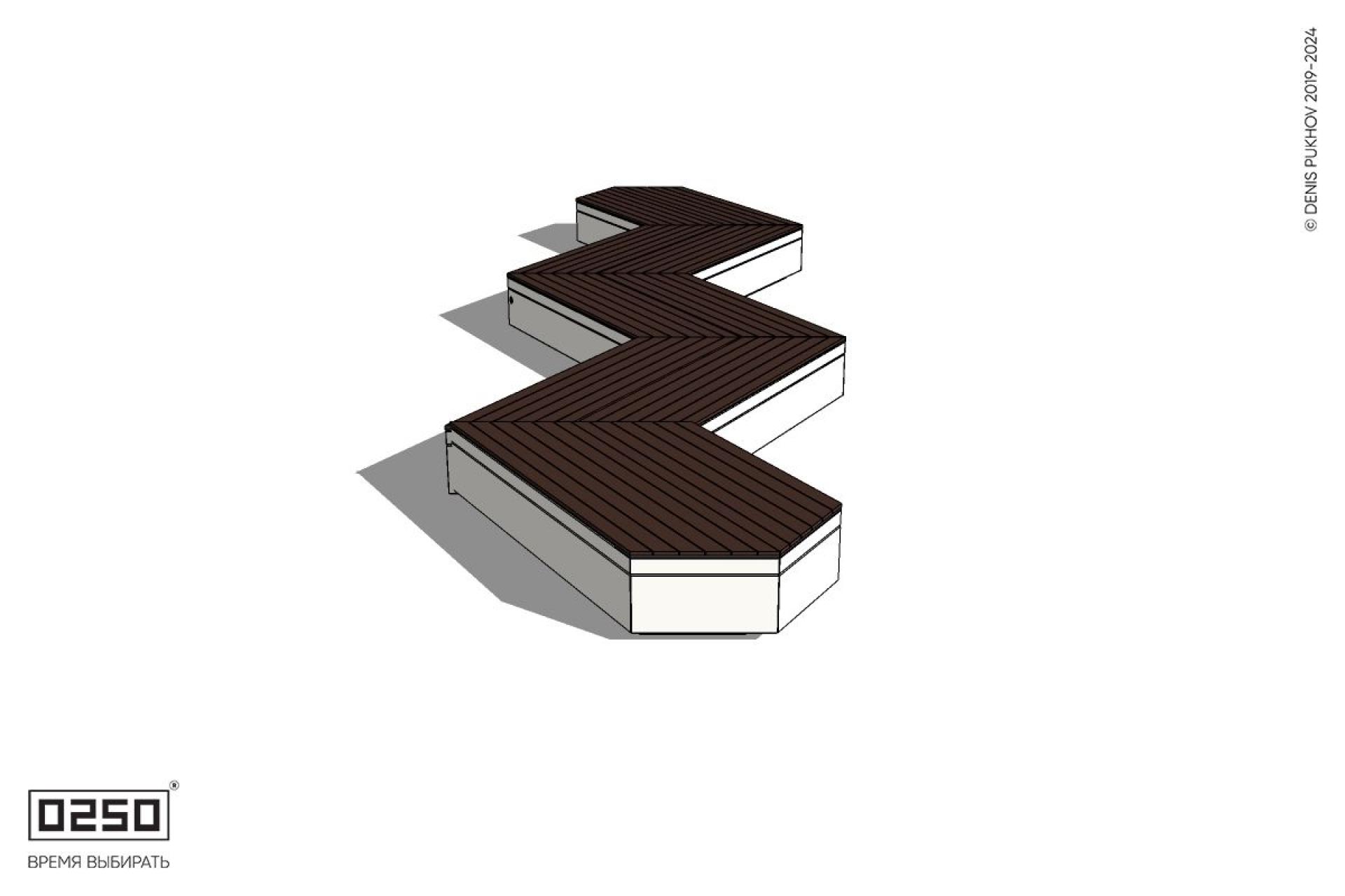 Уличная Зигзагообразная трапецеидальная пятипролетная двухсторонняя скамейка с клиновидным торцом на блоке производство 0250