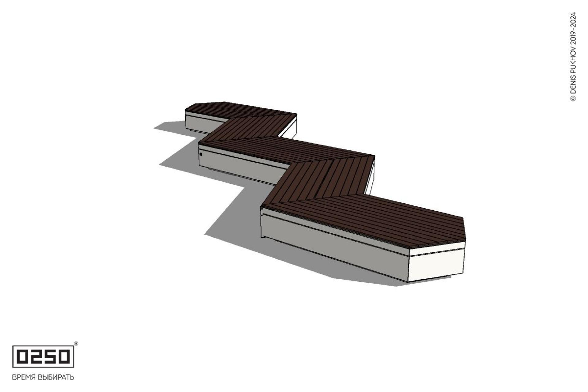 Уличная Зигзагообразная трапецеидальная пятипролетная двухсторонняя скамейка с клиновидным торцом на блоке производство 0250