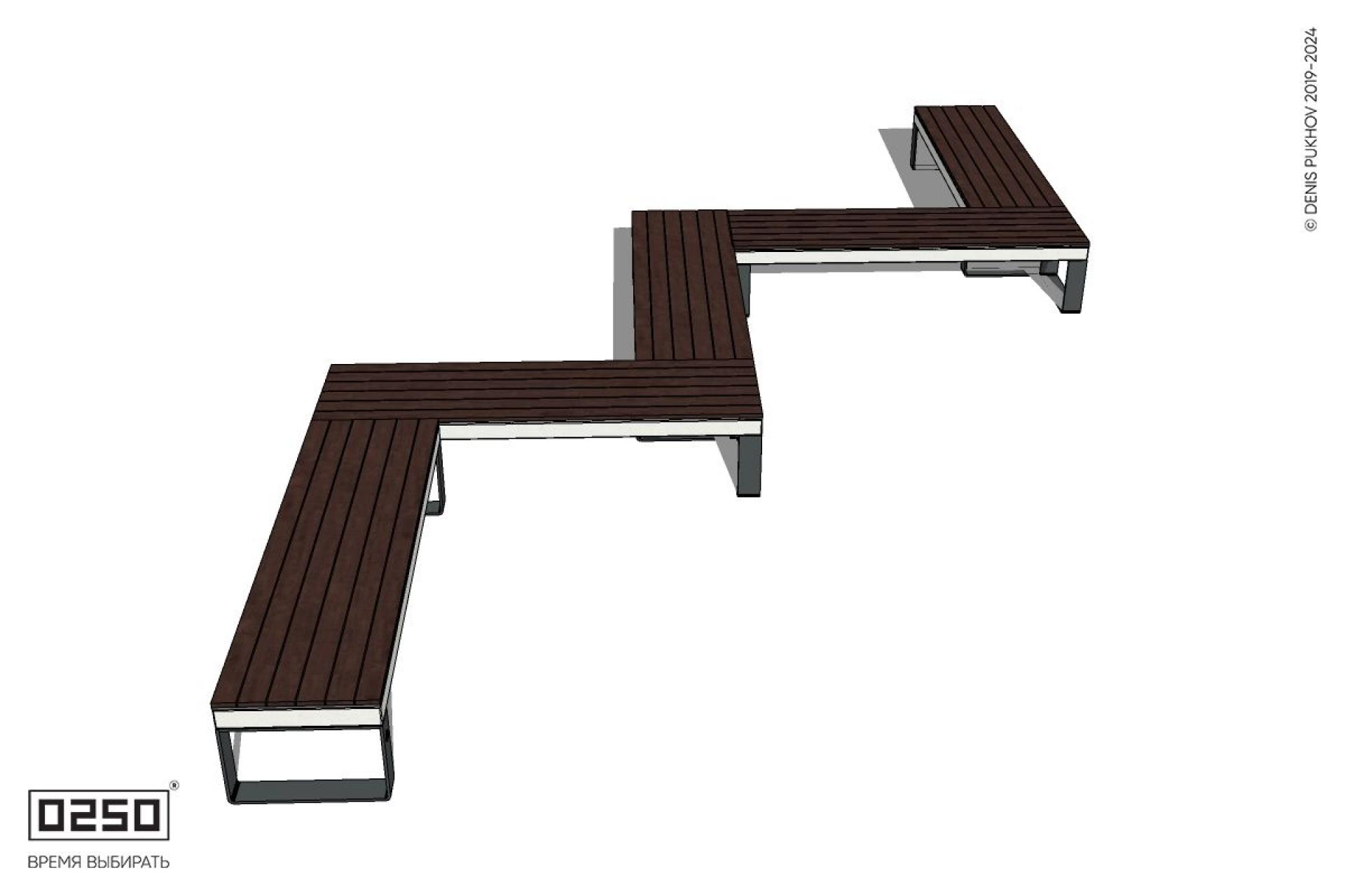 Уличная Зигзагообразная прямоугольная пятипролетная  скамейка на ножках производство 0250 Уличная Зигзагообразная прямоугольная пятипролетная  скамейка на ножках производство 0250