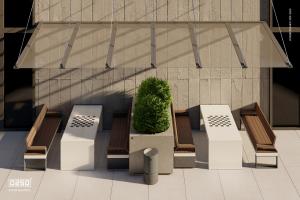 Уличный прямоугольный стол КВАРТА из полированного архитектурного бетона с инкрустированной шахматно..